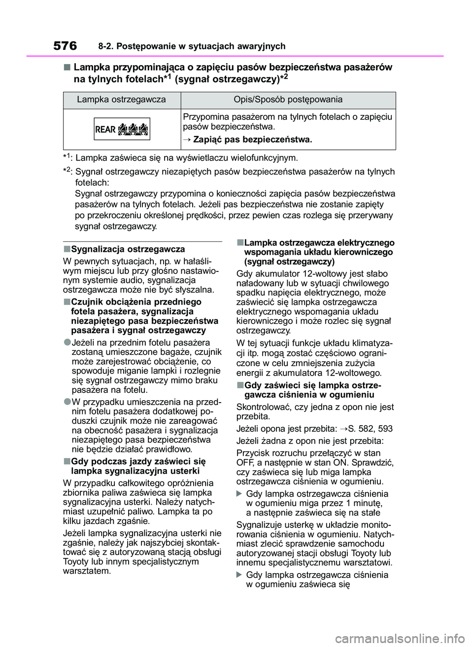 TOYOTA RAV4 PHEV 2021 Instrukcja obsługi (in Polish) Sygnalizacja ostrzegawcza
W pewnych sytuacjach, np. w ha∏aÊli-
wym miejscu lub przy g∏oÊno nastawio-
nym systemie audio, sygnalizacja
ostrzegawcza mo˝e nie byç s∏yszalna.
Czujnik obcià˝eni TOYOTA RAV4 PHEV 2021 Instrukcja obsługi (in Polish) Sygnalizacja ostrzegawcza
W pewnych sytuacjach, np. w ha∏aÊli-
wym miejscu lub przy g∏oÊno nastawio-
nym systemie audio, sygnalizacja
ostrzegawcza mo˝e nie byç s∏yszalna.
Czujnik obcià˝eni