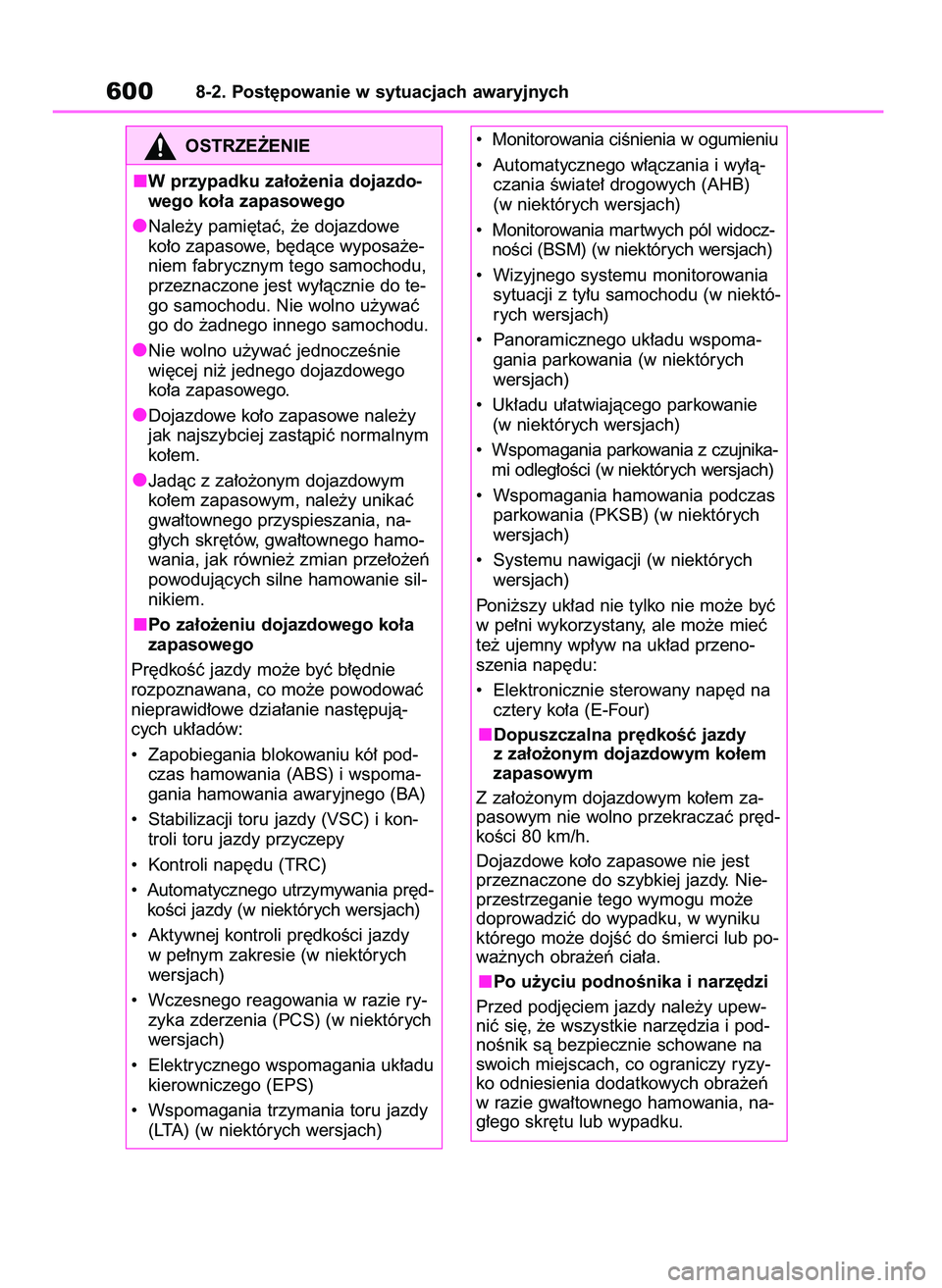 TOYOTA RAV4 PHEV 2021  Instrukcja obsługi (in Polish) 6008-2. Post´powanie w sytuacjach awaryjnych
OSTRZE˚ENIE
W przypadku za∏o˝enia dojazdo-
wego ko∏a zapasowego
Nale˝y pami´taç, ˝e dojazdowe 
ko∏o zapasowe, b´dàce wyposa˝e-
niem fabrycz