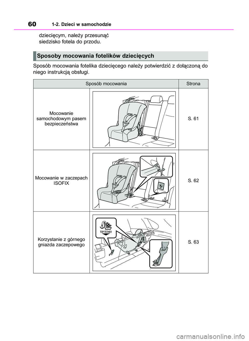 TOYOTA RAV4 PHEV 2021 Instrukcja obsługi (in Polish) dzieci´cym, nale˝y przesunàç
siedzisko fotela do przodu.
601-2. Dzieci w samochodzie
Sposoby mocowania fotelików dzieci´cych
Sposób mocowania fotelika dzieci´cego nale˝y potwierdziç z do∏ TOYOTA RAV4 PHEV 2021 Instrukcja obsługi (in Polish) dzieci´cym, nale˝y przesunàç
siedzisko fotela do przodu.
601-2. Dzieci w samochodzie
Sposoby mocowania fotelików dzieci´cych
Sposób mocowania fotelika dzieci´cego nale˝y potwierdziç z do∏