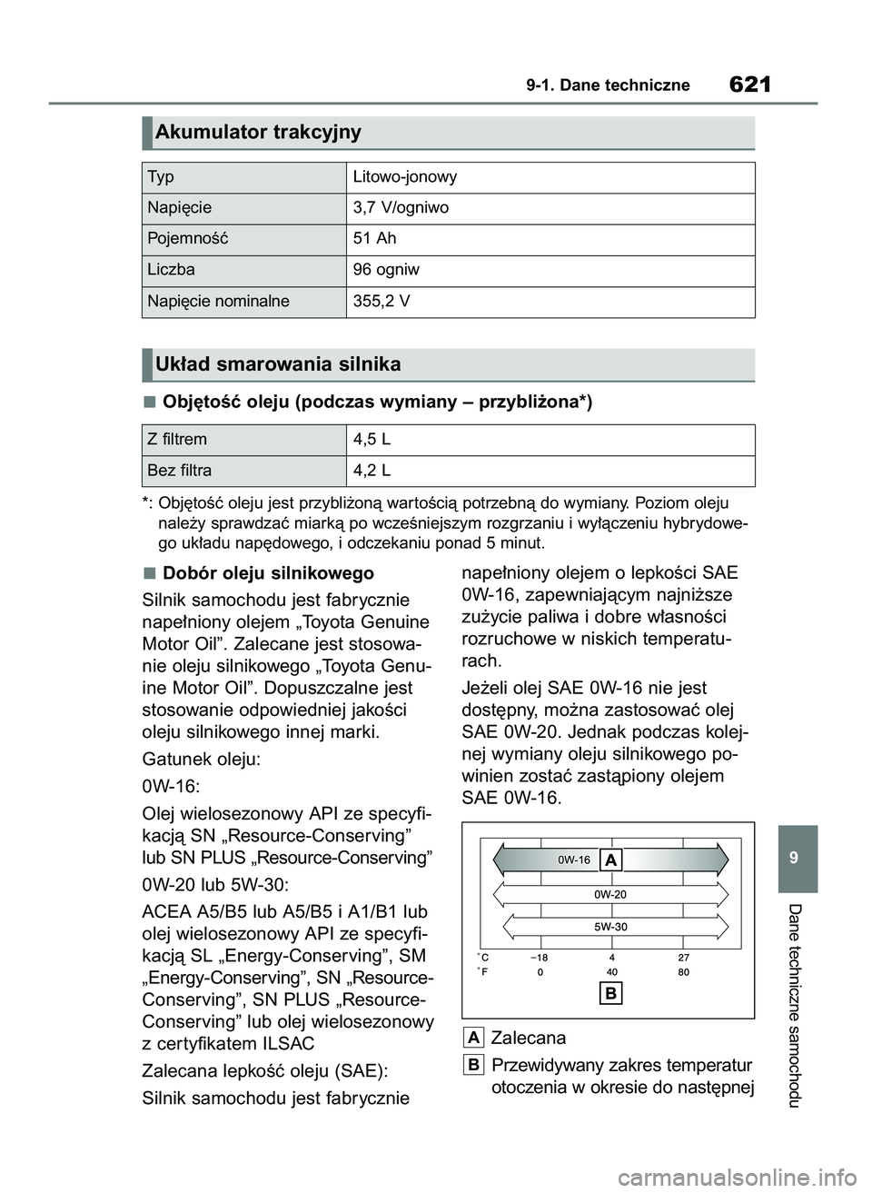 TOYOTA RAV4 PHEV 2021  Instrukcja obsługi (in Polish) Dobór oleju silnikowego
Silnik samochodu jest fabrycznie
nape∏niony olejem „Toyota Genuine
Motor Oil”. Zalecane jest stosowa-
nie oleju silnikowego „Toyota Genu-
ine Motor Oil”. Dopuszczaln