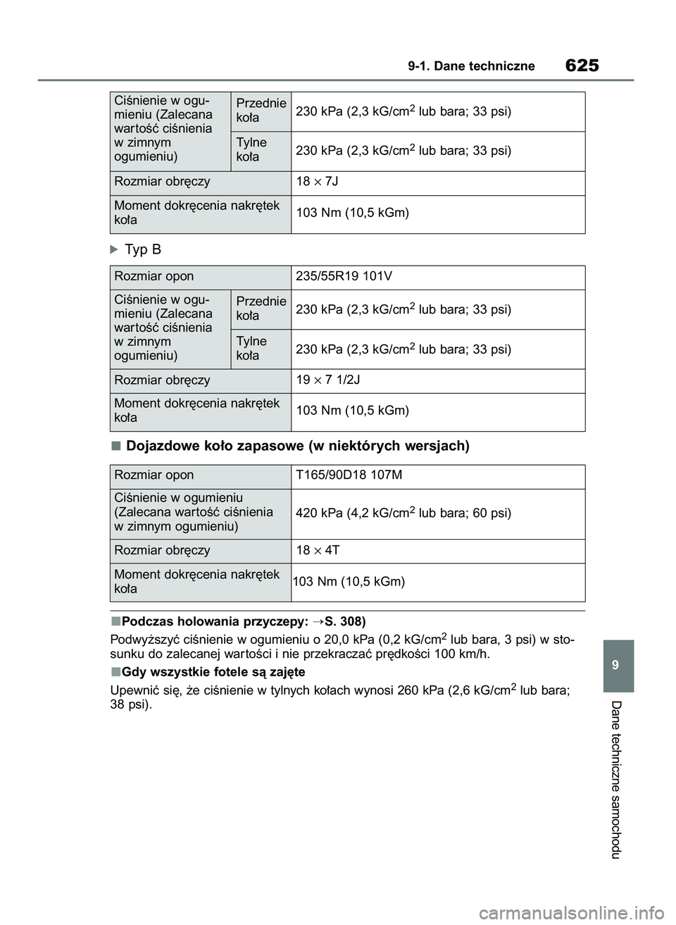 TOYOTA RAV4 PHEV 2021  Instrukcja obsługi (in Polish) óTyp B
Dojazdowe ko∏o zapasowe (w niektórych wersjach)
Podczas holowania przyczepy: S. 308)
Podwy˝szyç ciÊnienie w ogumieniu o 20,0 kPa (0,2 kG/cm2lub bara, 3 psi) w sto-
sunku do zalecanej wa
