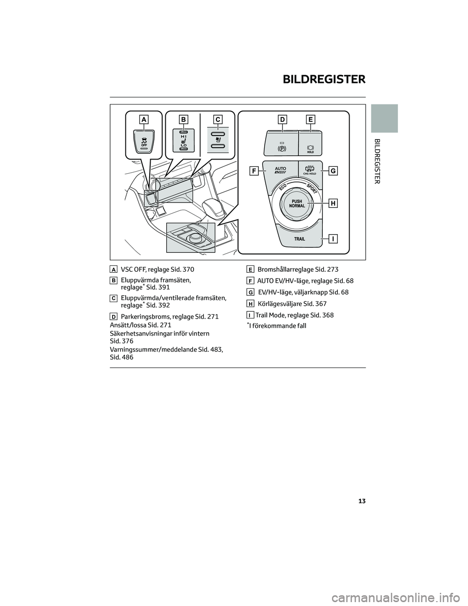 TOYOTA RAV4 PHEV 2021  Bruksanvisningar (in Swedish) AVSC OFF, reglage Sid. 370
BEluppvärmda framsäten,
reglage*Sid. 391
CEluppvärmda/ventilerade framsäten,
reglage*Sid. 392
DParkeringsbroms, reglage Sid. 271
Ansätt/lossa Sid. 271
Säkerhetsanvisni