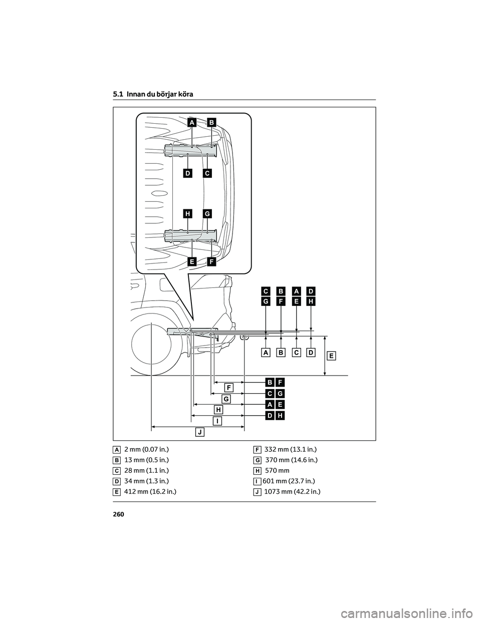 TOYOTA RAV4 PHEV 2021  Bruksanvisningar (in Swedish) A2 mm (0.07 in.)
B13 mm (0.5 in.)
C28 mm (1.1 in.)
D34 mm (1.3 in.)
E412 mm (16.2 in.)
F332 mm (13.1 in.)
G370 mm (14.6 in.)
H570 mm
I601 mm (23.7 in.)
J1073 mm (42.2 in.)
5.1 Innan du börjar köra
2