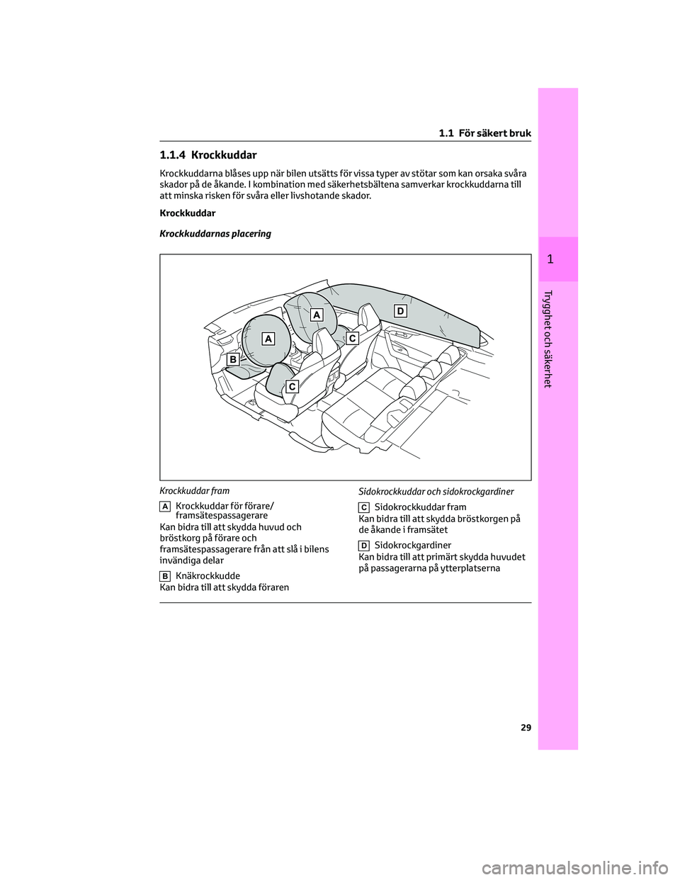 TOYOTA RAV4 PHEV 2021 Bruksanvisningar (in Swedish) 1.1.4 Krockkuddar
Krockkuddarna blåses upp när bilen utsätts för vissa typer av stötar som kan orsaka svåra
skador på de åkande. I kombination med säkerhetsbältena samverkar krockkuddarna ti TOYOTA RAV4 PHEV 2021 Bruksanvisningar (in Swedish) 1.1.4 Krockkuddar
Krockkuddarna blåses upp när bilen utsätts för vissa typer av stötar som kan orsaka svåra
skador på de åkande. I kombination med säkerhetsbältena samverkar krockkuddarna ti