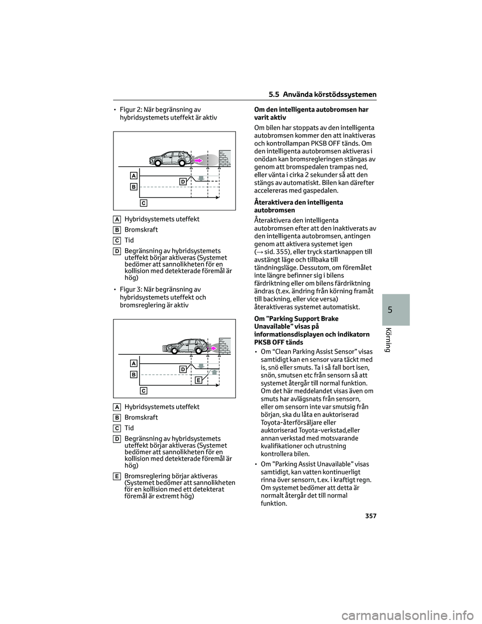 TOYOTA RAV4 PHEV 2021 Bruksanvisningar (in Swedish) • Figur 2: När begränsning av
hybridsystemets uteffekt är aktiv
AHybridsystemets uteffekt
BBromskraft
CTid
DBegränsning av hybridsystemets
uteffekt börjar aktiveras (Systemet
bedömer att sanno TOYOTA RAV4 PHEV 2021 Bruksanvisningar (in Swedish) • Figur 2: När begränsning av
hybridsystemets uteffekt är aktiv
AHybridsystemets uteffekt
BBromskraft
CTid
DBegränsning av hybridsystemets
uteffekt börjar aktiveras (Systemet
bedömer att sanno