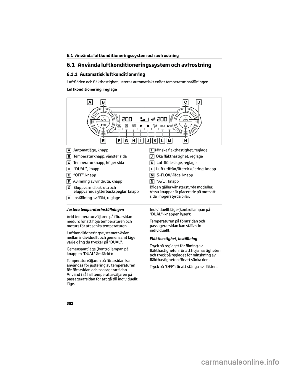 TOYOTA RAV4 PHEV 2021 Bruksanvisningar (in Swedish) 6.1 Använda luftkonditioneringssystem och avfrostning
6.1.1 Automatisk luftkonditionering
Luftflöden och fläkthastighet justeras automatiskt enligt temperaturinställningen.
Luftkonditionering, reg TOYOTA RAV4 PHEV 2021 Bruksanvisningar (in Swedish) 6.1 Använda luftkonditioneringssystem och avfrostning
6.1.1 Automatisk luftkonditionering
Luftflöden och fläkthastighet justeras automatiskt enligt temperaturinställningen.
Luftkonditionering, reg