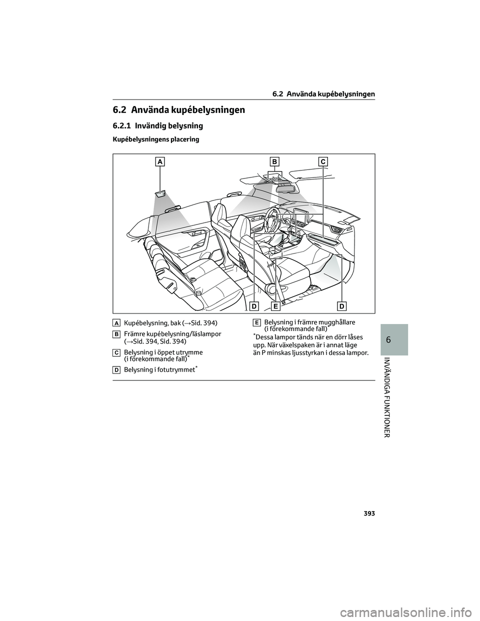 TOYOTA RAV4 PHEV 2021 Bruksanvisningar (in Swedish) 6.2 Använda kupébelysningen
6.2.1 Invändig belysning
Kupébelysningens placering
AKupébelysning, bak (→Sid. 394)
BFrämre kupébelysning/läslampor
(→Sid. 394, Sid. 394)
CBelysning i öppet ut TOYOTA RAV4 PHEV 2021 Bruksanvisningar (in Swedish) 6.2 Använda kupébelysningen
6.2.1 Invändig belysning
Kupébelysningens placering
AKupébelysning, bak (→Sid. 394)
BFrämre kupébelysning/läslampor
(→Sid. 394, Sid. 394)
CBelysning i öppet ut