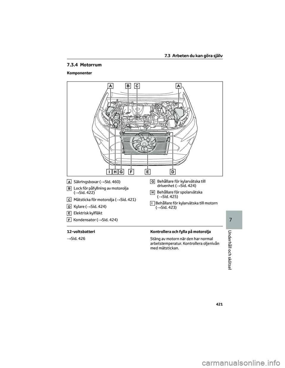 TOYOTA RAV4 PHEV 2021 Bruksanvisningar (in Swedish) 7.3.4 Motorrum
Komponenter
ASäkringsboxar (→Sid. 460)
BLock för påfyllning av motorolja
(→Sid. 422)
CMätsticka för motorolja (→Sid. 421)
DKylare (→Sid. 424)
EElektrisk kylfläkt
FKondensa TOYOTA RAV4 PHEV 2021 Bruksanvisningar (in Swedish) 7.3.4 Motorrum
Komponenter
ASäkringsboxar (→Sid. 460)
BLock för påfyllning av motorolja
(→Sid. 422)
CMätsticka för motorolja (→Sid. 421)
DKylare (→Sid. 424)
EElektrisk kylfläkt
FKondensa
