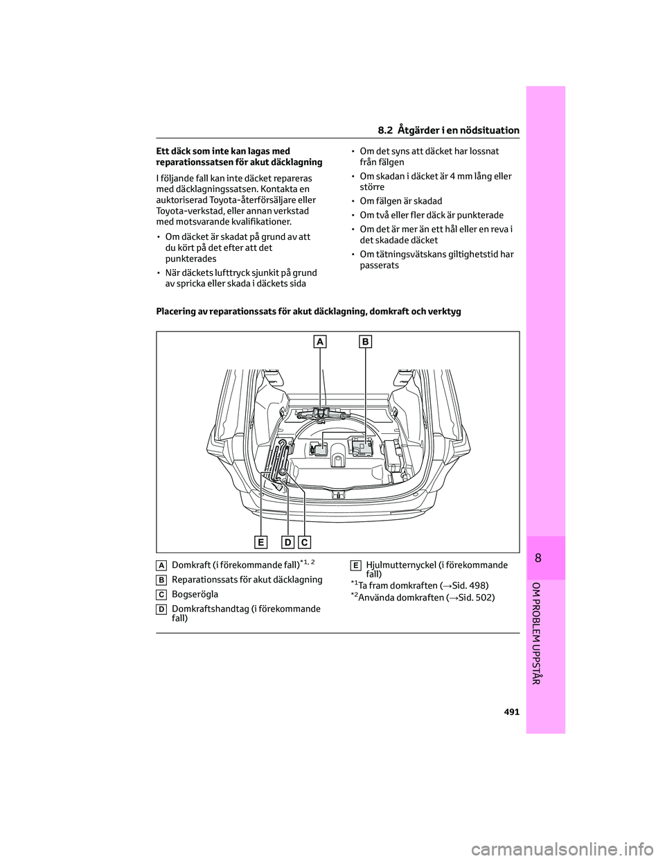 TOYOTA RAV4 PHEV 2021 Bruksanvisningar (in Swedish) Ett däck som inte kan lagas med
reparationssatsen för akut däcklagning
I följande fall kan inte däcket repareras
med däcklagningssatsen. Kontakta en
auktoriserad Toyota-återförsäljare eller
T TOYOTA RAV4 PHEV 2021 Bruksanvisningar (in Swedish) Ett däck som inte kan lagas med
reparationssatsen för akut däcklagning
I följande fall kan inte däcket repareras
med däcklagningssatsen. Kontakta en
auktoriserad Toyota-återförsäljare eller
T