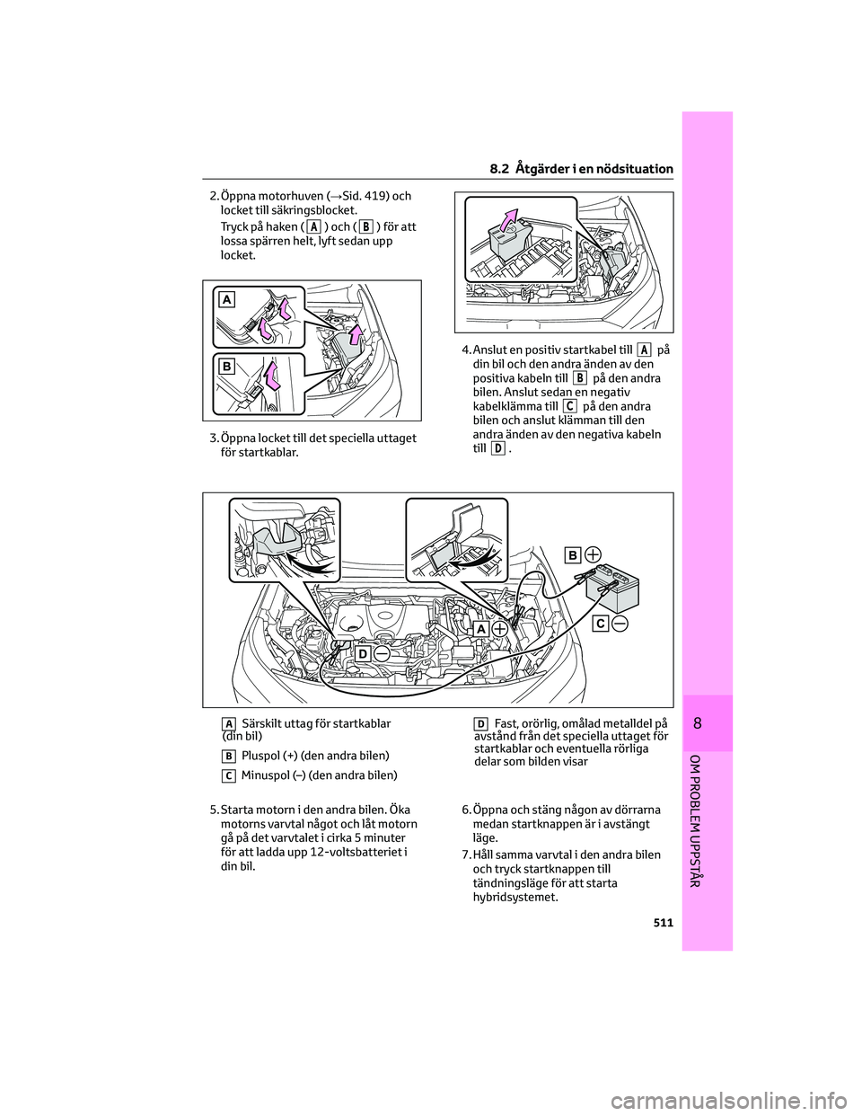 TOYOTA RAV4 PHEV 2021 Bruksanvisningar (in Swedish) 2. Öppna motorhuven (→Sid. 419) och
locket till säkringsblocket.
Tryck på haken (
A) och (B) för att
lossa spärren helt, lyft sedan upp
locket.
3. Öppna locket till det speciella uttaget
för TOYOTA RAV4 PHEV 2021 Bruksanvisningar (in Swedish) 2. Öppna motorhuven (→Sid. 419) och
locket till säkringsblocket.
Tryck på haken (
A) och (B) för att
lossa spärren helt, lyft sedan upp
locket.
3. Öppna locket till det speciella uttaget
för