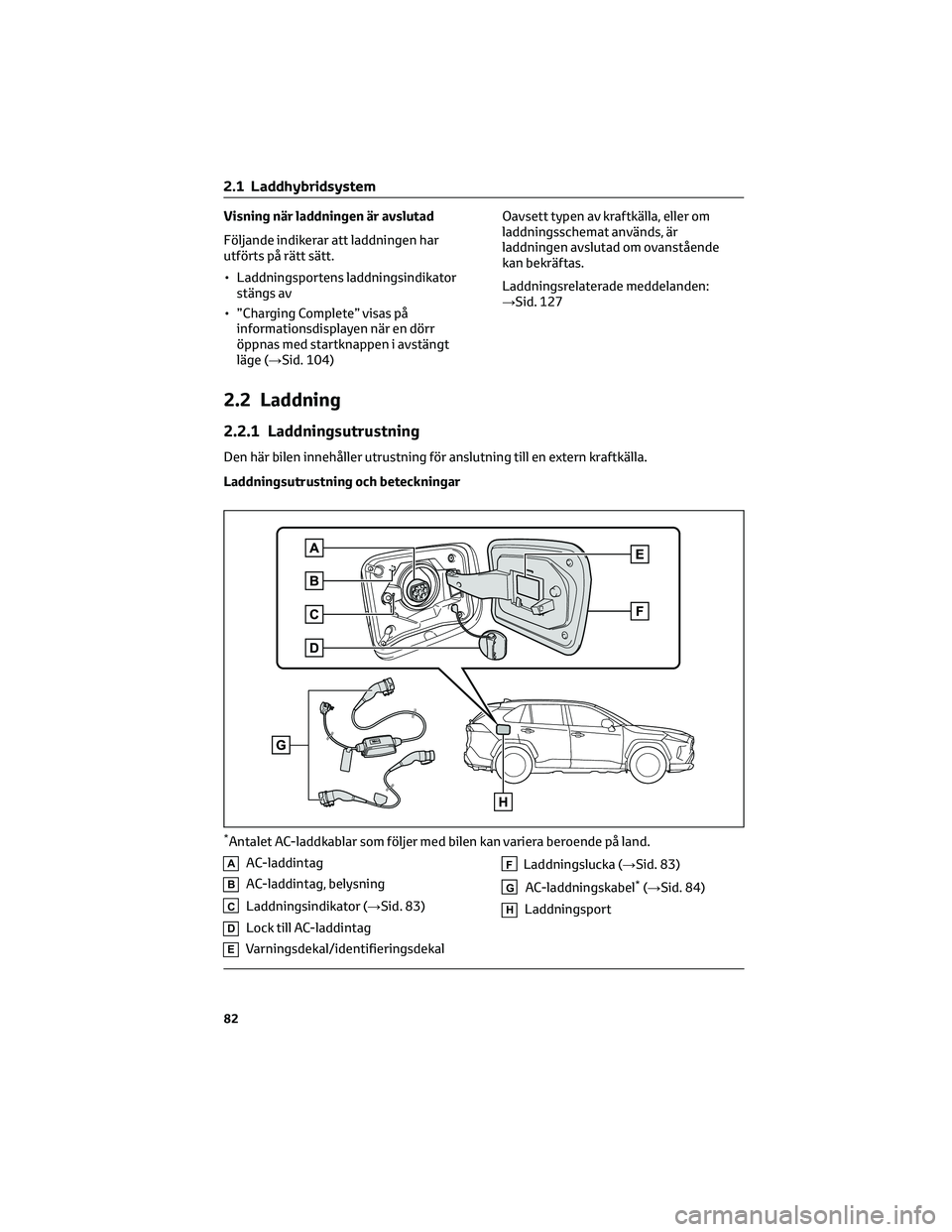 TOYOTA RAV4 PHEV 2021 Bruksanvisningar (in Swedish) Visning när laddningen är avslutad
Följande indikerar att laddningen har
utförts på rätt sätt.
• Laddningsportens laddningsindikator
stängs av
• ”Charging Complete” visas på
informati TOYOTA RAV4 PHEV 2021 Bruksanvisningar (in Swedish) Visning när laddningen är avslutad
Följande indikerar att laddningen har
utförts på rätt sätt.
• Laddningsportens laddningsindikator
stängs av
• ”Charging Complete” visas på
informati