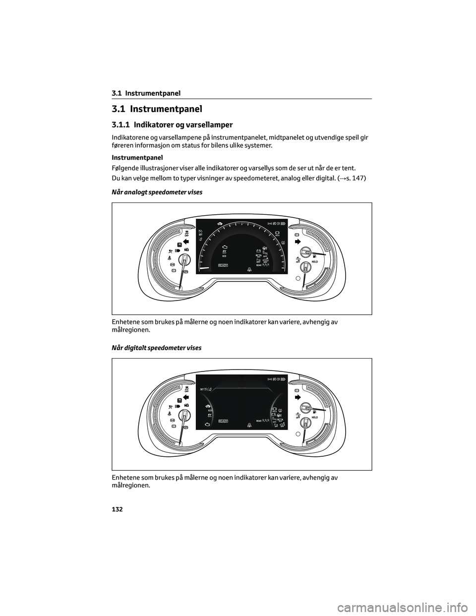 TOYOTA RAV4 PHEV 2021 Instruksjoner for bruk (in Norwegian) 3.1 Instrumentpanel
3.1.1 Indikatorer og varsellamper
Indikatorene og varsellampene på instrumentpanelet, midtpanelet og utvendige speil gir
føreren informasjon om status for bilens ulike systemer.
TOYOTA RAV4 PHEV 2021 Instruksjoner for bruk (in Norwegian) 3.1 Instrumentpanel
3.1.1 Indikatorer og varsellamper
Indikatorene og varsellampene på instrumentpanelet, midtpanelet og utvendige speil gir
føreren informasjon om status for bilens ulike systemer.