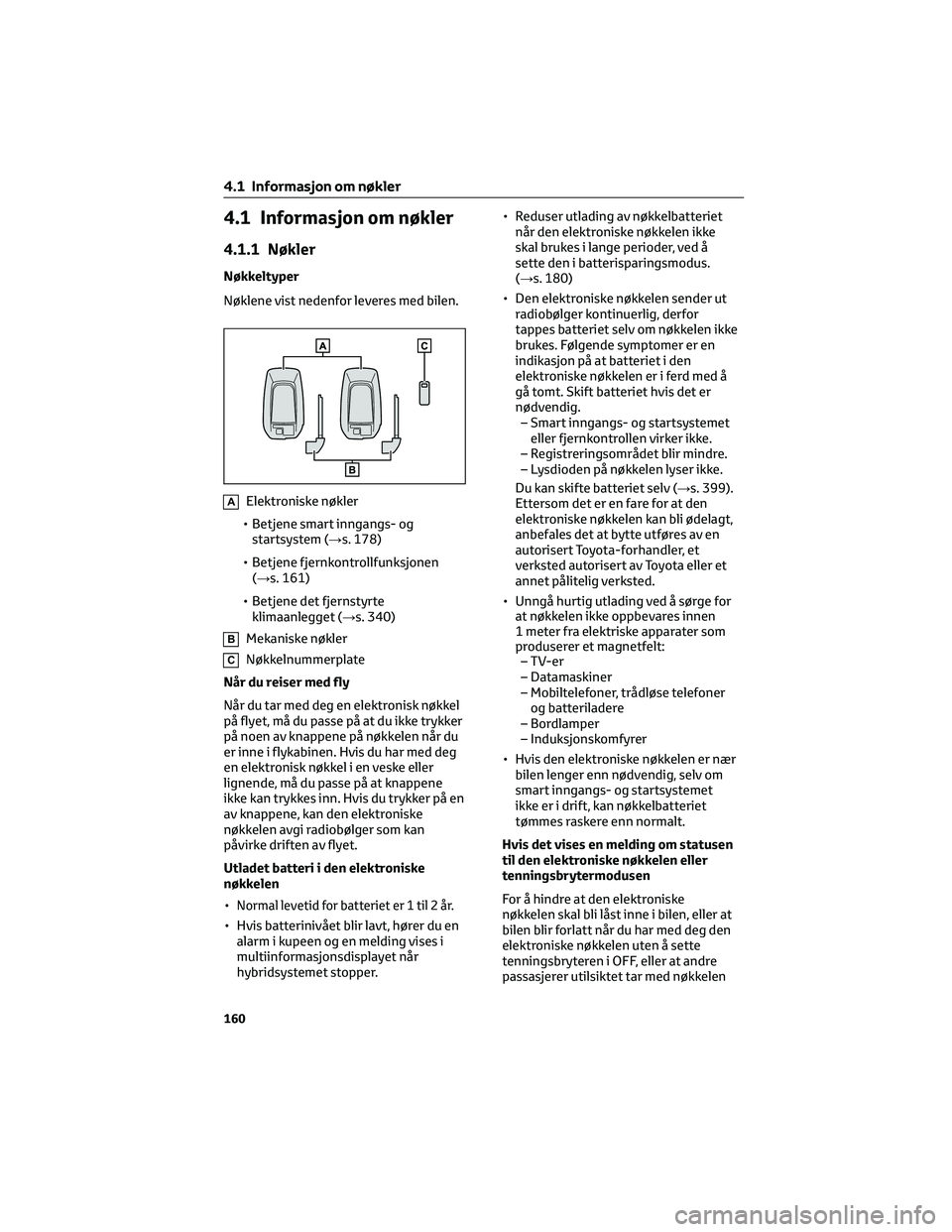 TOYOTA RAV4 PHEV 2021 Instruksjoner for bruk (in Norwegian) 4.1 Informasjon om nøkler
4.1.1 Nøkler
Nøkkeltyper
Nøklene vist nedenfor leveres med bilen.
AElektroniske nøkler
• Betjene smart inngangs- og
startsystem (→s. 178)
• Betjene fjernkontrollfu TOYOTA RAV4 PHEV 2021 Instruksjoner for bruk (in Norwegian) 4.1 Informasjon om nøkler
4.1.1 Nøkler
Nøkkeltyper
Nøklene vist nedenfor leveres med bilen.
AElektroniske nøkler
• Betjene smart inngangs- og
startsystem (→s. 178)
• Betjene fjernkontrollfu