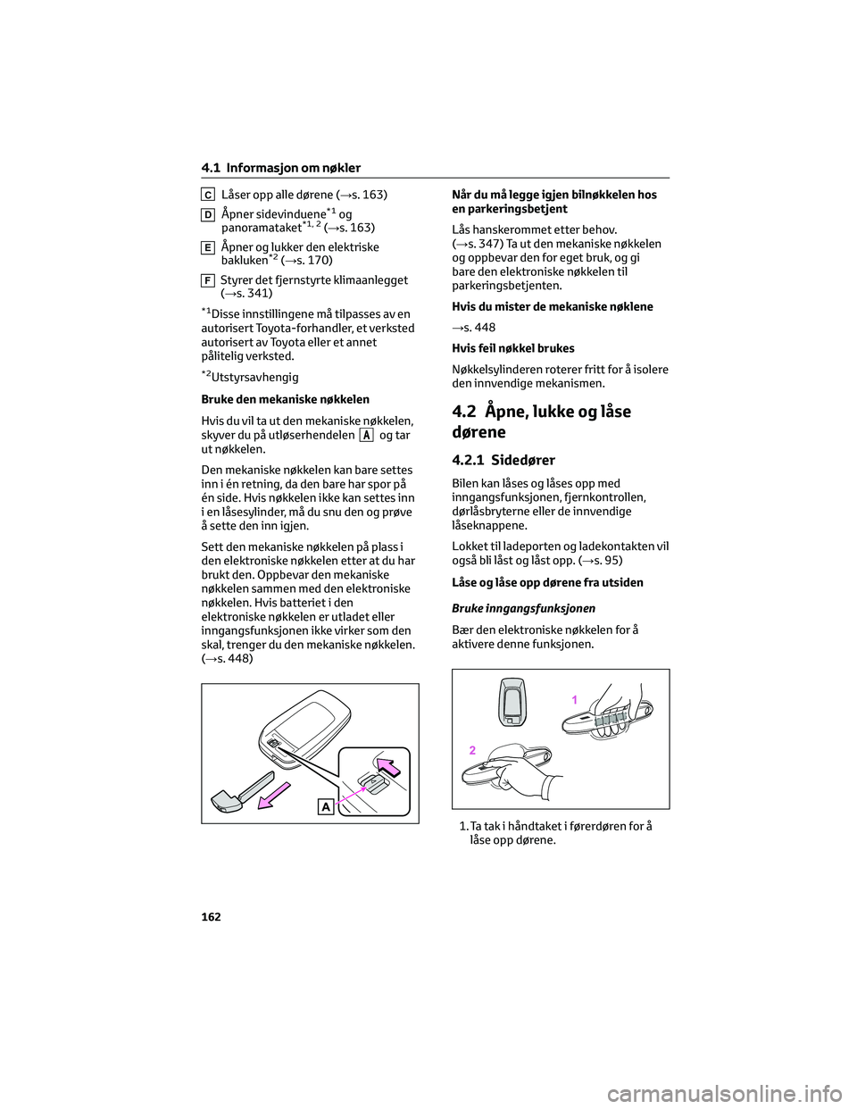 TOYOTA RAV4 PHEV 2021 Instruksjoner for bruk (in Norwegian) CLåser opp alle dørene (→s. 163)
DÃ…pner sidevinduene*1og
panoramataket*1, 2(→s. 163)
EÃ…pner og lukker den elektriske
bakluken*2(→s. 170)
FStyrer det fjernstyrte klimaanlegget
(→s. 341)
*1D TOYOTA RAV4 PHEV 2021 Instruksjoner for bruk (in Norwegian) CLåser opp alle dørene (→s. 163)
DÃ…pner sidevinduene*1og
panoramataket*1, 2(→s. 163)
EÃ…pner og lukker den elektriske
bakluken*2(→s. 170)
FStyrer det fjernstyrte klimaanlegget
(→s. 341)
*1D