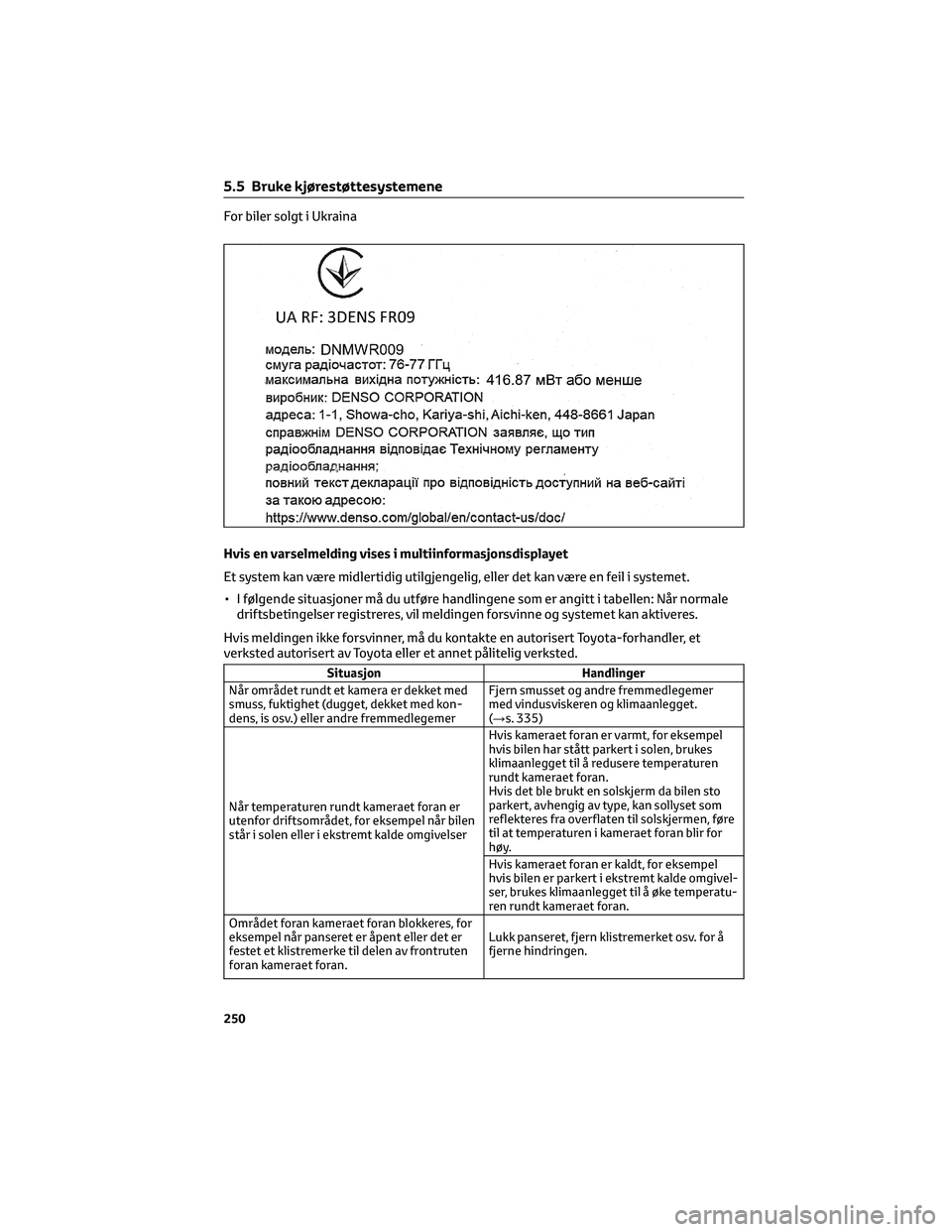 TOYOTA RAV4 PHEV 2021  Instruksjoner for bruk (in Norwegian) For biler solgt i Ukraina
Hvis en varselmelding vises i multiinformasjonsdisplayet
Et system kan være midlertidig utilgjengelig, eller det kan være en feil i systemet.
• I følgende situasjoner m