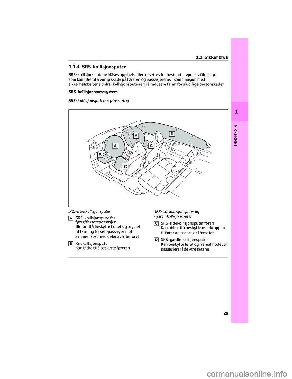 TOYOTA RAV4 PHEV 2021 Instruksjoner for bruk (in Norwegian) 1.1.4 SRS-kollisjonsputer
SRS-kollisjonsputene blåses opp hvis bilen utsettes for bestemte typer kraftige støt
som kan føre til alvorlig skade på føreren og passasjerene. I kombinasjon med
sikker TOYOTA RAV4 PHEV 2021 Instruksjoner for bruk (in Norwegian) 1.1.4 SRS-kollisjonsputer
SRS-kollisjonsputene blåses opp hvis bilen utsettes for bestemte typer kraftige støt
som kan føre til alvorlig skade på føreren og passasjerene. I kombinasjon med
sikker