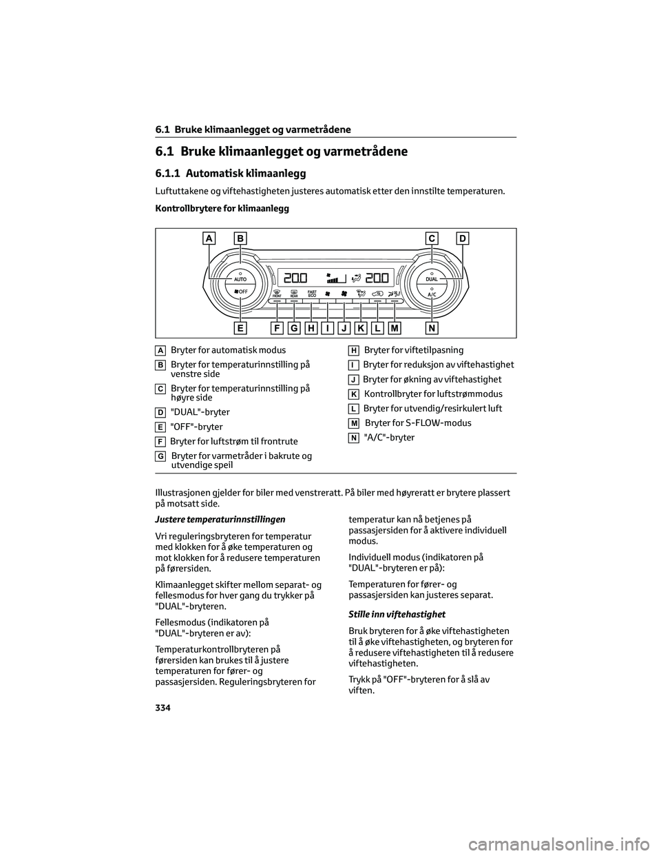 TOYOTA RAV4 PHEV 2021 Instruksjoner for bruk (in Norwegian) 6.1 Bruke klimaanlegget og varmetrådene
6.1.1 Automatisk klimaanlegg
Luftuttakene og viftehastigheten justeres automatisk etter den innstilte temperaturen.
Kontrollbrytere for klimaanlegg
ABryter for TOYOTA RAV4 PHEV 2021 Instruksjoner for bruk (in Norwegian) 6.1 Bruke klimaanlegget og varmetrådene
6.1.1 Automatisk klimaanlegg
Luftuttakene og viftehastigheten justeres automatisk etter den innstilte temperaturen.
Kontrollbrytere for klimaanlegg
ABryter for