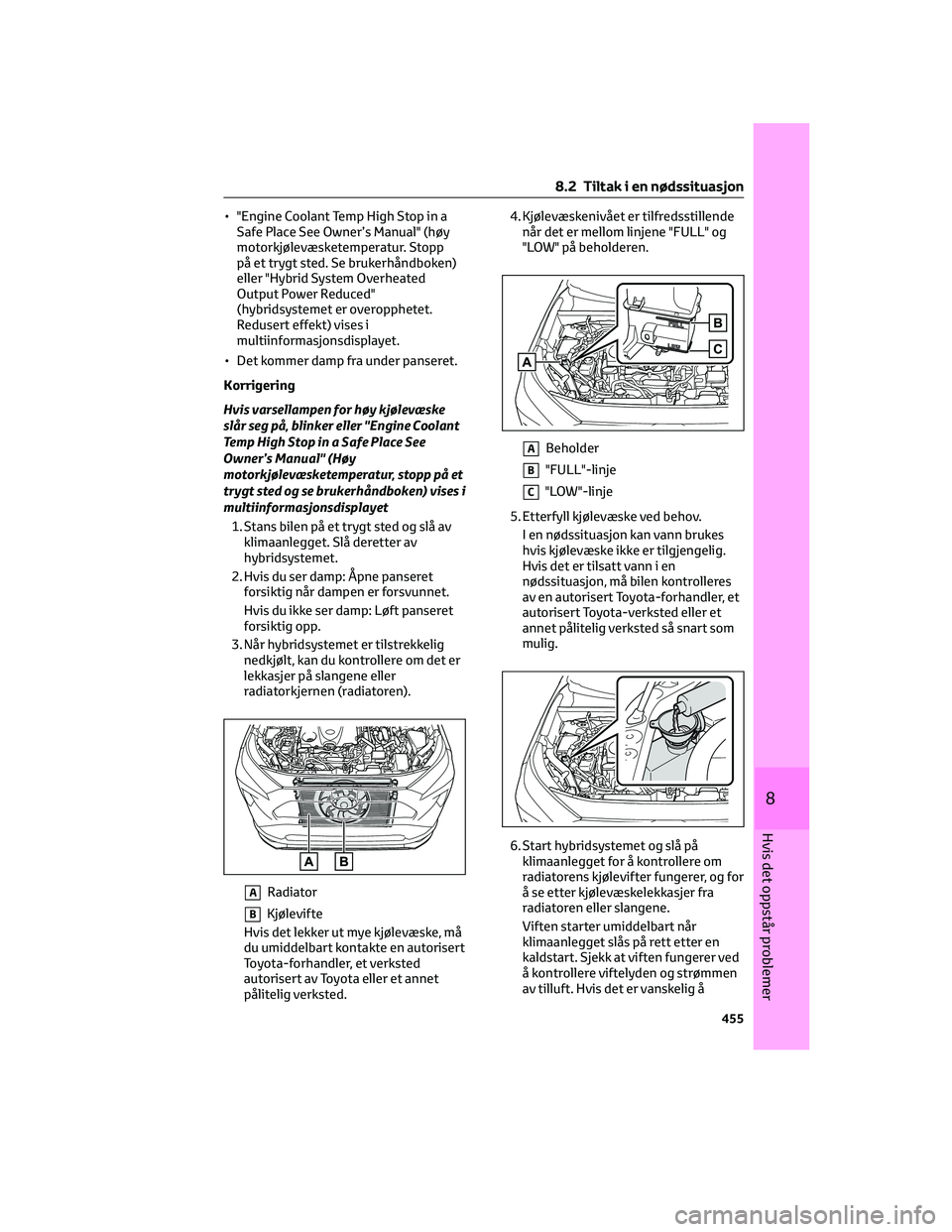 TOYOTA RAV4 PHEV 2021 Instruksjoner for bruk (in Norwegian) • "Engine Coolant Temp High Stop in a
Safe Place See Owner’s Manual" (høy
motorkjølevæsketemperatur. Stopp
på et trygt sted. Se brukerhåndboken)
eller "Hybrid System Overheated
Ou TOYOTA RAV4 PHEV 2021 Instruksjoner for bruk (in Norwegian) • "Engine Coolant Temp High Stop in a
Safe Place See Owner’s Manual" (høy
motorkjølevæsketemperatur. Stopp
på et trygt sted. Se brukerhåndboken)
eller "Hybrid System Overheated
Ou