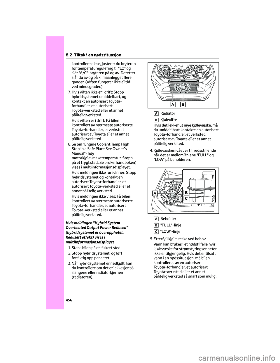 TOYOTA RAV4 PHEV 2021 Instruksjoner for bruk (in Norwegian) kontrollere disse, justerer du bryteren
for temperaturegulering til "LO" og
slår "A/C"-bryteren på og av. Deretter
slår du av og på klimaanlegget flere
ganger. (Viften fungerer ikk TOYOTA RAV4 PHEV 2021 Instruksjoner for bruk (in Norwegian) kontrollere disse, justerer du bryteren
for temperaturegulering til "LO" og
slår "A/C"-bryteren på og av. Deretter
slår du av og på klimaanlegget flere
ganger. (Viften fungerer ikk