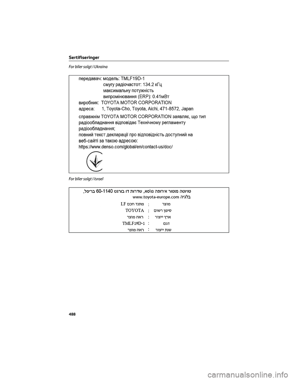 TOYOTA RAV4 PHEV 2021  Instruksjoner for bruk (in Norwegian) For biler solgt i Ukraina
For biler solgt i Israel
Sertifiseringer
488 