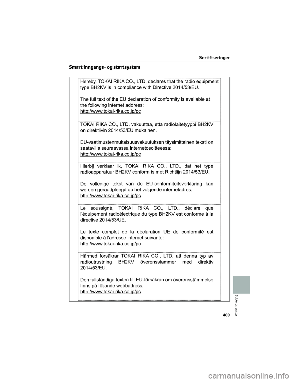 TOYOTA RAV4 PHEV 2021 Instruksjoner for bruk (in Norwegian) Smart inngangs- og startsystem
Sertifiseringer
489
Stikkordsregister TOYOTA RAV4 PHEV 2021 Instruksjoner for bruk (in Norwegian) Smart inngangs- og startsystem
Sertifiseringer
489
Stikkordsregister