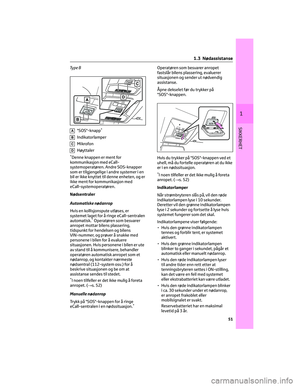 TOYOTA RAV4 PHEV 2021 Instruksjoner for bruk (in Norwegian) Ty p e B
A"SOS"-knapp*
BIndikatorlamper
CMikrofon
DHøyttaler
*Denne knappen er ment for
kommunikasjon med eCall-
systemoperatøren. Andre SOS-knapper
som er tilgjengelige i andre systemer i e TOYOTA RAV4 PHEV 2021 Instruksjoner for bruk (in Norwegian) Ty p e B
A"SOS"-knapp*
BIndikatorlamper
CMikrofon
DHøyttaler
*Denne knappen er ment for
kommunikasjon med eCall-
systemoperatøren. Andre SOS-knapper
som er tilgjengelige i andre systemer i e