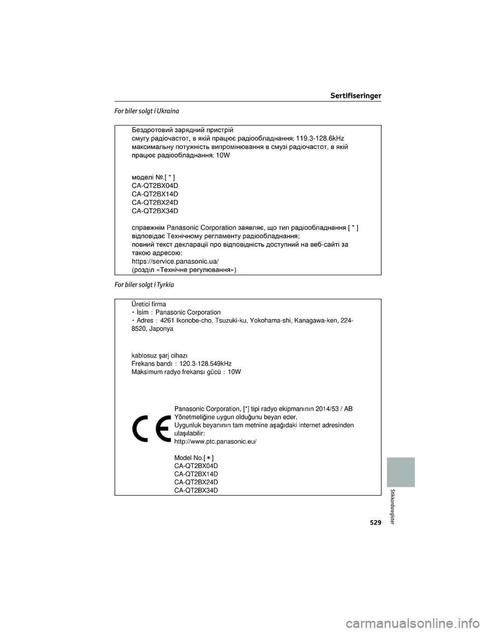 TOYOTA RAV4 PHEV 2021 Instruksjoner for bruk (in Norwegian) For biler solgt i Ukraina
For biler solgt i Tyrkia
Sertifiseringer
529
Stikkordsregister TOYOTA RAV4 PHEV 2021 Instruksjoner for bruk (in Norwegian) For biler solgt i Ukraina
For biler solgt i Tyrkia
Sertifiseringer
529
Stikkordsregister