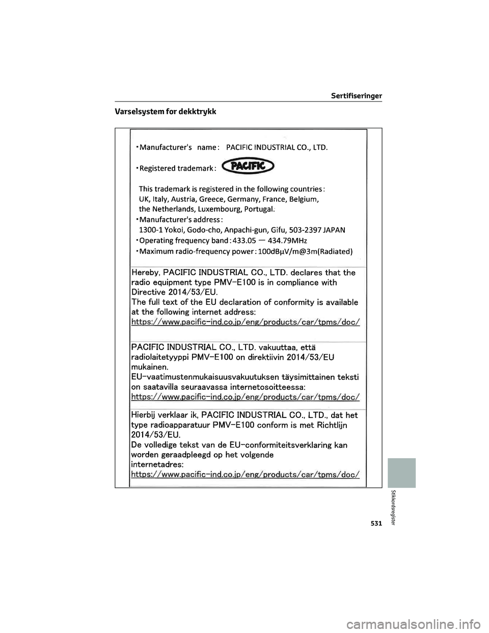 TOYOTA RAV4 PHEV 2021 Instruksjoner for bruk (in Norwegian) Varselsystem for dekktrykk
Sertifiseringer
531
Stikkordsregister TOYOTA RAV4 PHEV 2021 Instruksjoner for bruk (in Norwegian) Varselsystem for dekktrykk
Sertifiseringer
531
Stikkordsregister