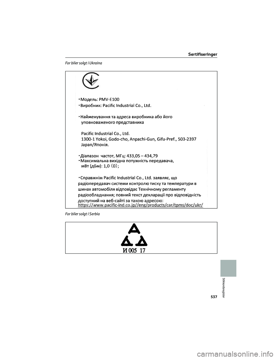 TOYOTA RAV4 PHEV 2021 Instruksjoner for bruk (in Norwegian) For biler solgt i Ukraina
For biler solgt i Serbia
Sertifiseringer
537
Stikkordsregister TOYOTA RAV4 PHEV 2021 Instruksjoner for bruk (in Norwegian) For biler solgt i Ukraina
For biler solgt i Serbia
Sertifiseringer
537
Stikkordsregister
