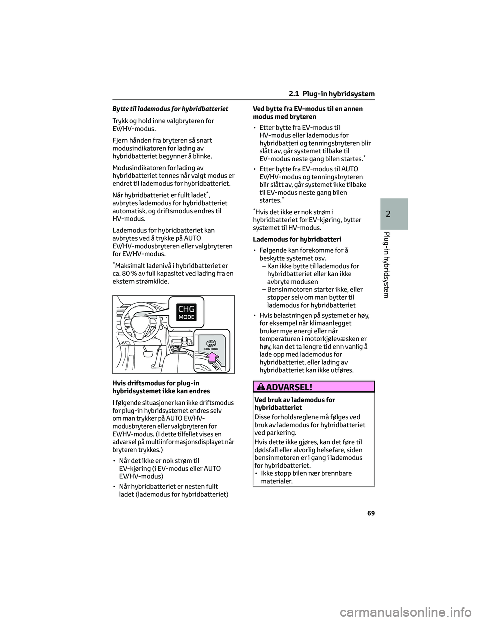TOYOTA RAV4 PHEV 2021 Instruksjoner for bruk (in Norwegian) Bytte til lademodus for hybridbatteriet
Trykk og hold inne valgbryteren for
EV/HV-modus.
Fjern hånden fra bryteren så snart
modusindikatoren for lading av
hybridbatteriet begynner å blinke.
Modusin TOYOTA RAV4 PHEV 2021 Instruksjoner for bruk (in Norwegian) Bytte til lademodus for hybridbatteriet
Trykk og hold inne valgbryteren for
EV/HV-modus.
Fjern hånden fra bryteren så snart
modusindikatoren for lading av
hybridbatteriet begynner å blinke.
Modusin