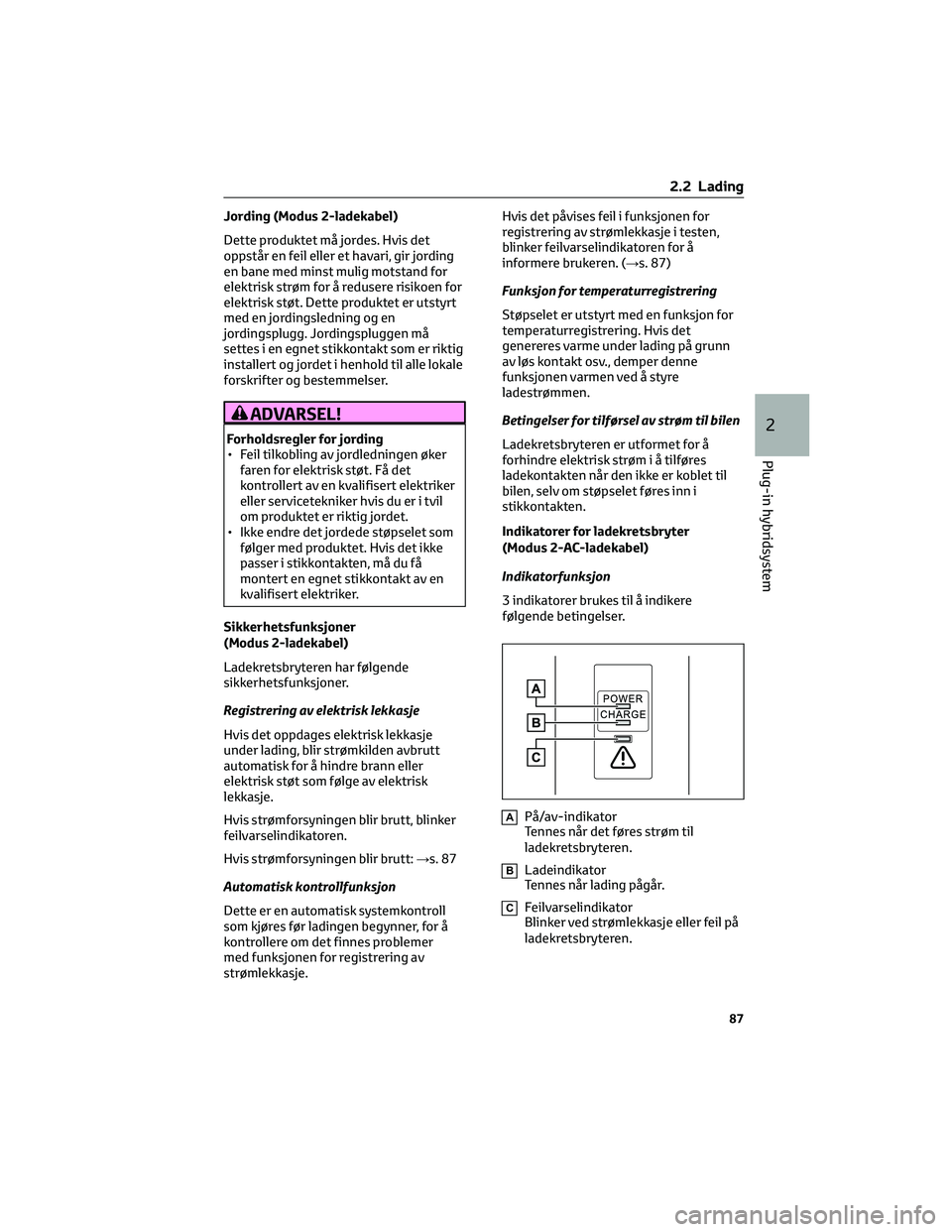 TOYOTA RAV4 PHEV 2021 Instruksjoner for bruk (in Norwegian) Jording (Modus 2-ladekabel)
Dette produktet må jordes. Hvis det
oppstår en feil eller et havari, gir jording
en bane med minst mulig motstand for
elektrisk strøm for å redusere risikoen for
elektr TOYOTA RAV4 PHEV 2021 Instruksjoner for bruk (in Norwegian) Jording (Modus 2-ladekabel)
Dette produktet må jordes. Hvis det
oppstår en feil eller et havari, gir jording
en bane med minst mulig motstand for
elektrisk strøm for å redusere risikoen for
elektr