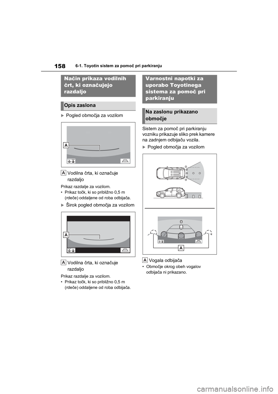 TOYOTA RAV4 PHEV 2021  Navodila Za Uporabo (in Slovenian) 1586-1. Toyotin sistem za pomoč pri parkiranju
Pogled območja za vozilom
Vodilna črta, ki označuje 
razdaljo
Prikaz razdalje za vozilom.
• Prikaz točk, ki so približno 0,5 m 
(rdeče) oddal
