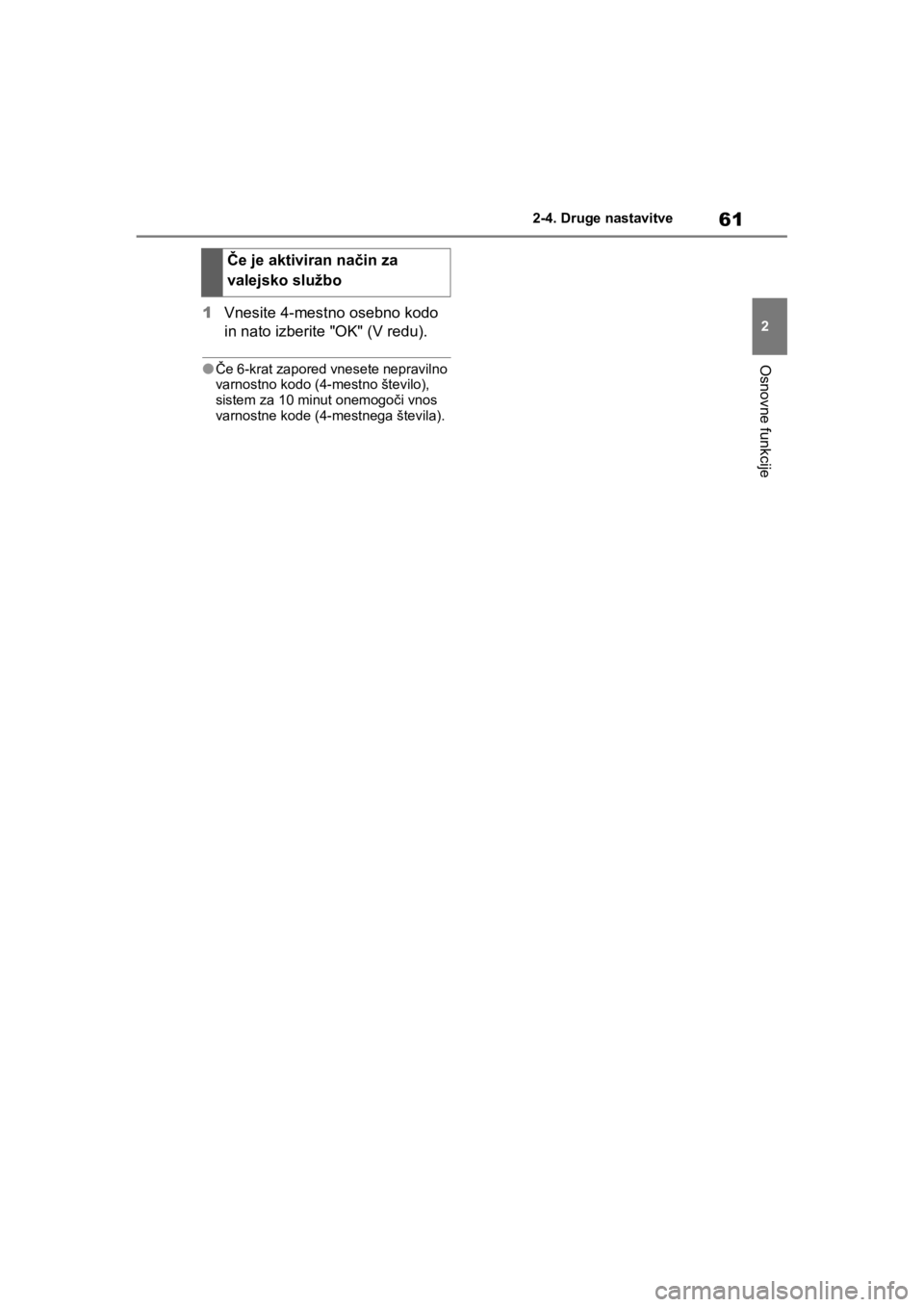 TOYOTA RAV4 PHEV 2021  Navodila Za Uporabo (in Slovenian) 61
2 2-4. Druge nastavitve
Osnovne funkcije
1Vnesite 4-mestno osebno kodo 
in nato izberite "OK" (V redu).
lČe 6-krat zapored vnesete nepravilno 
varnostno kodo (4-mestno število), 
sistem za 10 min TOYOTA RAV4 PHEV 2021  Navodila Za Uporabo (in Slovenian) 61
2 2-4. Druge nastavitve
Osnovne funkcije
1Vnesite 4-mestno osebno kodo 
in nato izberite "OK" (V redu).
lČe 6-krat zapored vnesete nepravilno 
varnostno kodo (4-mestno število), 
sistem za 10 min