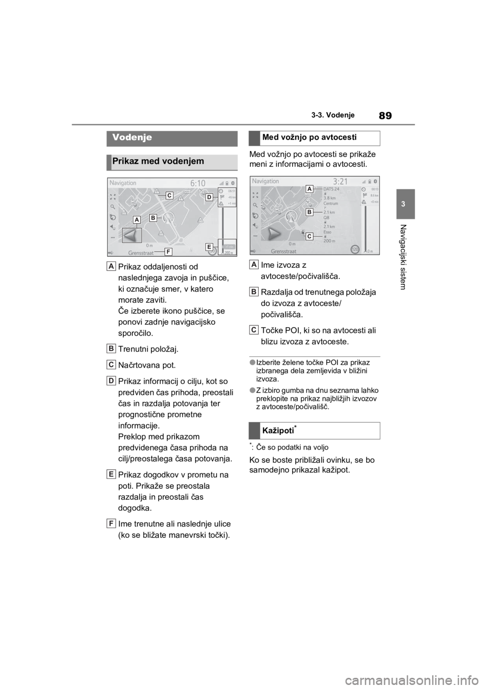 TOYOTA RAV4 PHEV 2021  Navodila Za Uporabo (in Slovenian) 89
3 3-3. Vodenje
Navigacijski sistem
3-3.Vodenje
Prikaz oddaljenosti od 
naslednjega zavoja in puščice, 
ki označuje smer, v katero 
morate zaviti.
Če izberete ikono puščice, se 
ponovi zadnje  TOYOTA RAV4 PHEV 2021  Navodila Za Uporabo (in Slovenian) 89
3 3-3. Vodenje
Navigacijski sistem
3-3.Vodenje
Prikaz oddaljenosti od 
naslednjega zavoja in puščice, 
ki označuje smer, v katero 
morate zaviti.
Če izberete ikono puščice, se 
ponovi zadnje