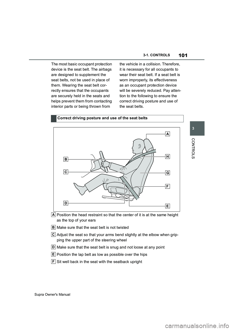 TOYOTA SUPRA 2019  Owners Manual 101
3
Supra Owners Manual3-1. CONTROLS
CONTROLS
The most basic occupant protection 
device is the seat belt. The airbags 
are designed to supplement the 
seat belts, not be used in place of 
them. We
