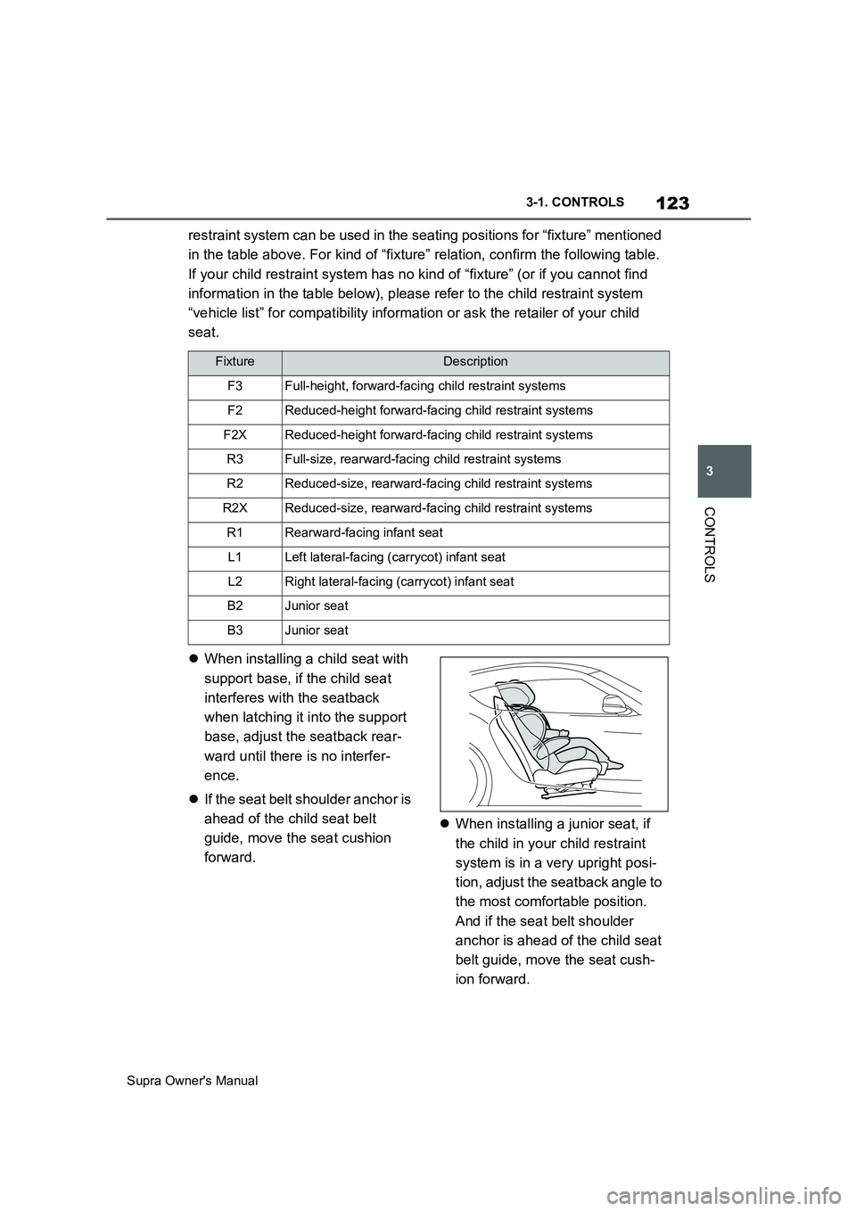 TOYOTA SUPRA 2019 Owners Manual 123
3
Supra Owners Manual3-1. CONTROLS
CONTROLS
restraint system can be used in the seating positions for “fixture” mentioned
in the table above. For kind of “fixture” relation, confirm the TOYOTA SUPRA 2019 Owners Manual 123
3
Supra Owners Manual3-1. CONTROLS
CONTROLS
restraint system can be used in the seating positions for “fixture” mentioned
in the table above. For kind of “fixture” relation, confirm the