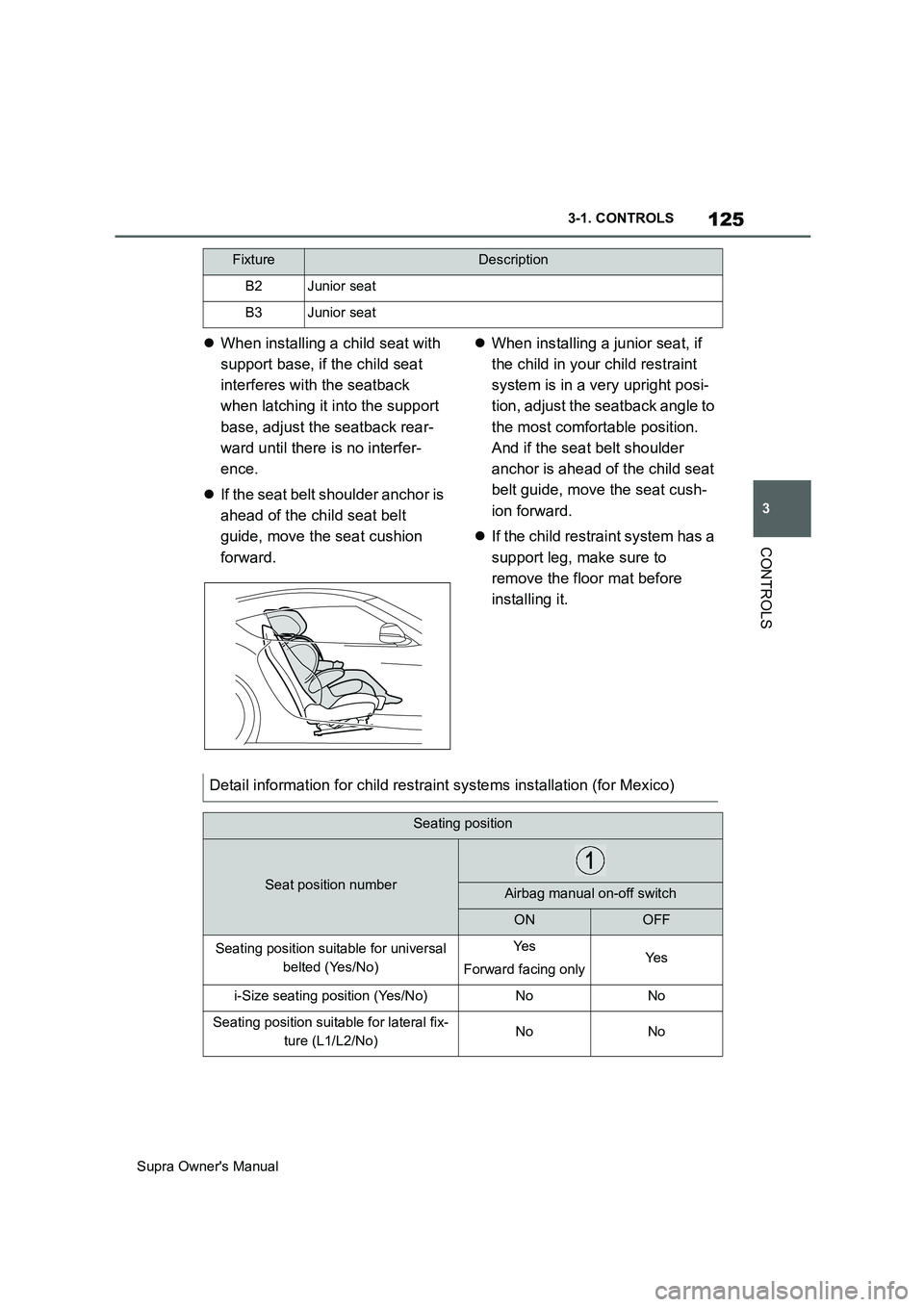 TOYOTA SUPRA 2019 Owners Manual 125
3
Supra Owners Manual3-1. CONTROLS
CONTROLS
When installing a child seat with
support base, if the child seat
interferes with the seatback
when latching it into the support
base, adjust th TOYOTA SUPRA 2019 Owners Manual 125
3
Supra Owners Manual3-1. CONTROLS
CONTROLS
When installing a child seat with
support base, if the child seat
interferes with the seatback
when latching it into the support
base, adjust th