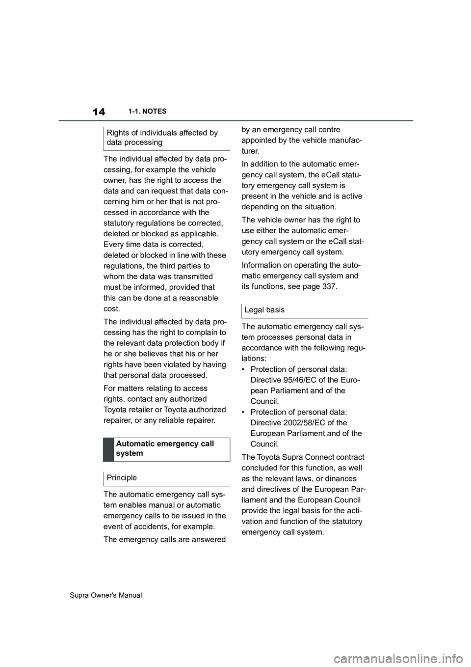 TOYOTA SUPRA 2019 User Guide 14
Supra Owners Manual1-1. NOTES
The individual affected by data pro-
cessing, for example the vehicle 
owner, has the right to access the 
data and can request that data con-
cerning him or her that