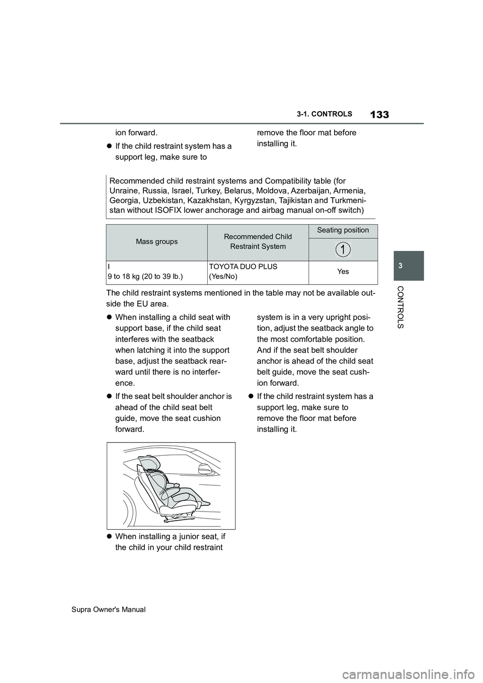 TOYOTA SUPRA 2019  Owners Manual 133
3
Supra Owners Manual3-1. CONTROLS
CONTROLS
ion forward.
If the child restraint system has a 
support leg, make sure to remove the floor mat before 
installing it.
The child restraint systems 
