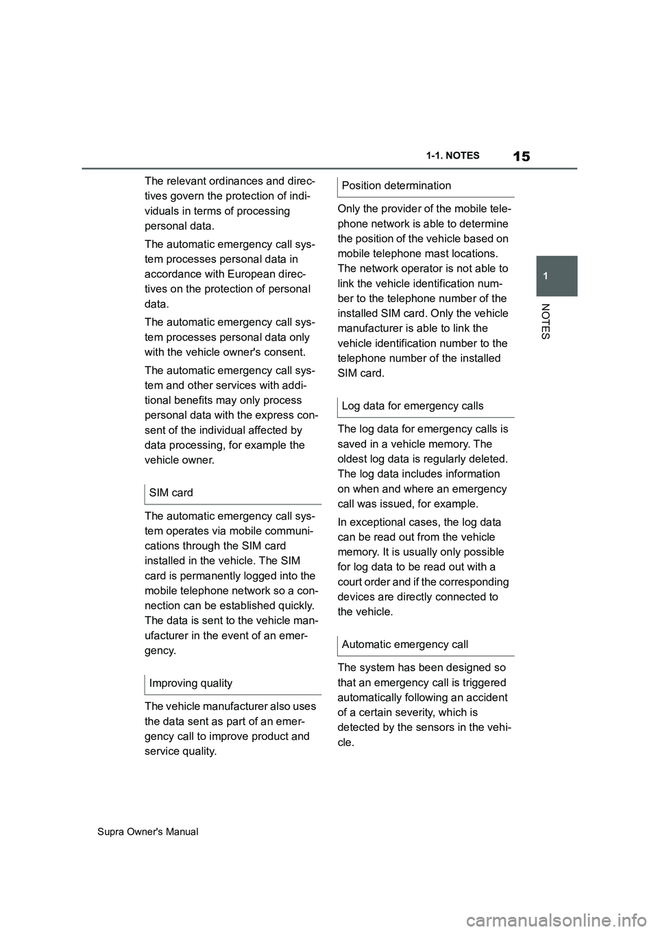 TOYOTA SUPRA 2019 User Guide 15
1
Supra Owners Manual1-1. NOTES
NOTES
The relevant ordinances and direc-
tives govern the protection of indi-
viduals in terms of processing 
personal data.
The automatic emergency call sys-
tem p