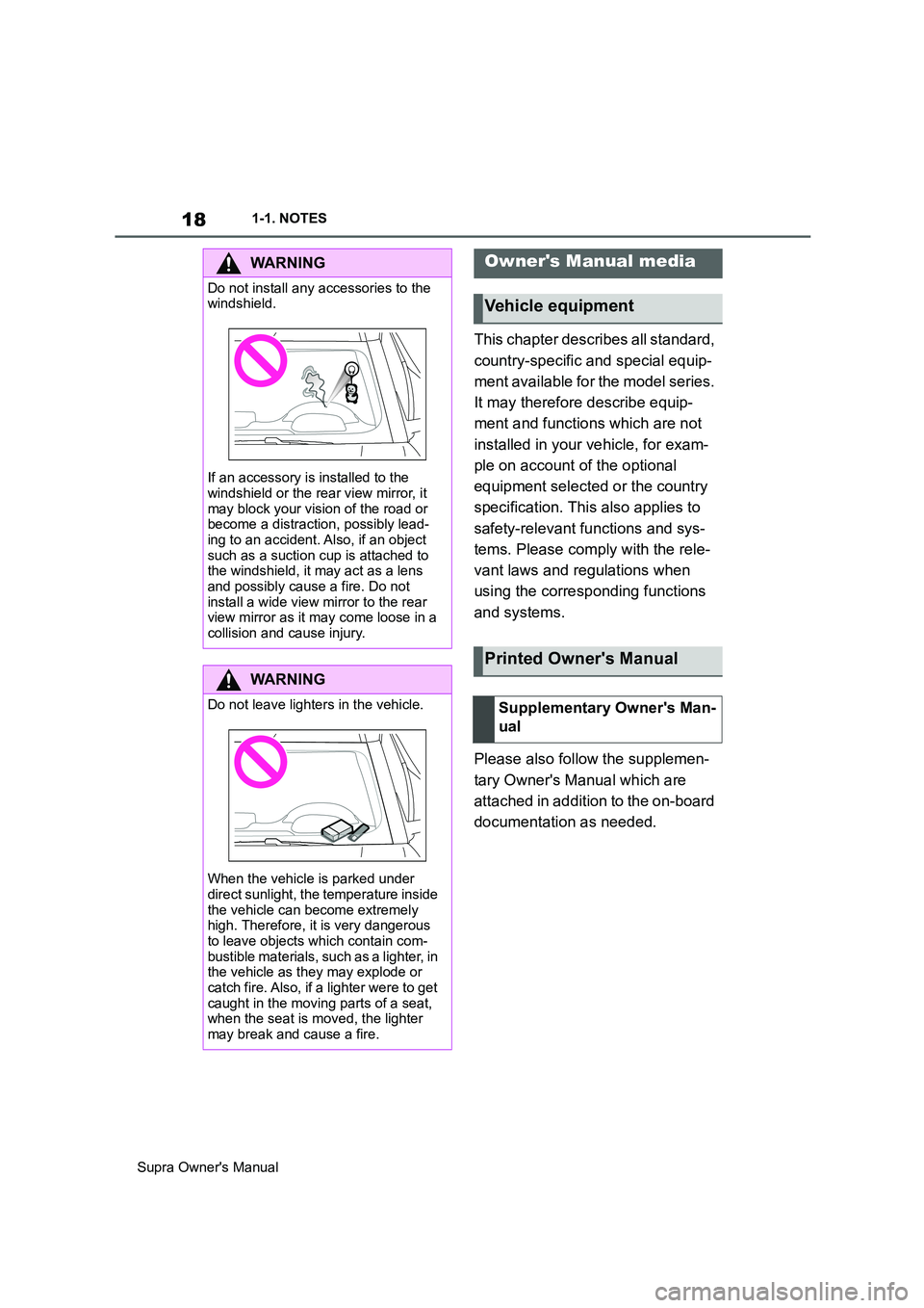 TOYOTA SUPRA 2019 User Guide 18
Supra Owners Manual1-1. NOTES
This chapter describes all standard, 
country-specific and special equip-
ment available for the model series. 
It may therefore describe equip-
ment and functions wh