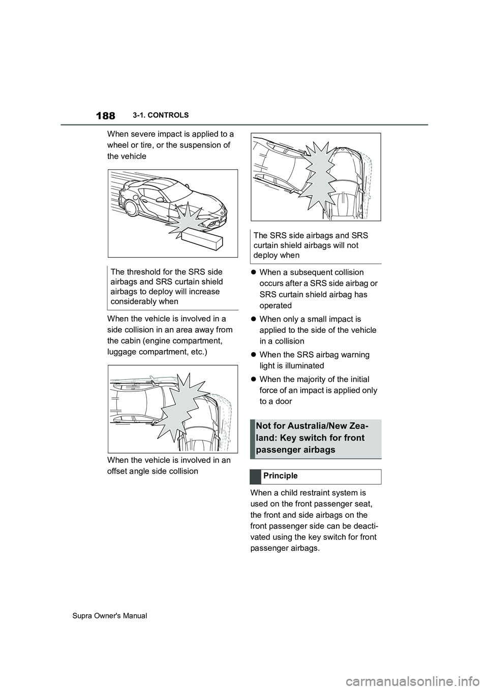 TOYOTA SUPRA 2019 Owners Manual 188
Supra Owners Manual3-1. CONTROLS
When severe impact is applied to a
wheel or tire, or the suspension of
the vehicle
When the vehicle is involved in a
side collision in an area away from
the c TOYOTA SUPRA 2019 Owners Manual 188
Supra Owners Manual3-1. CONTROLS
When severe impact is applied to a
wheel or tire, or the suspension of
the vehicle
When the vehicle is involved in a
side collision in an area away from
the c