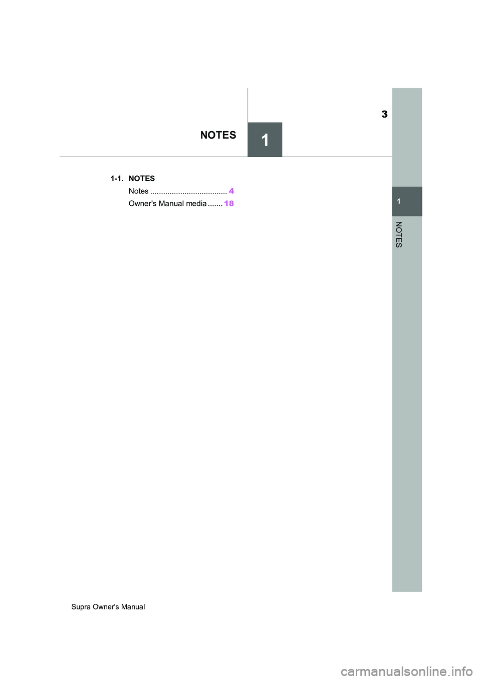 TOYOTA SUPRA 2019  Owners Manual 1
3
Supra Owners Manual
1
NOTES
NOTES
.1-1. NOTES
Notes ....................................4
Owners Manual media .......18 