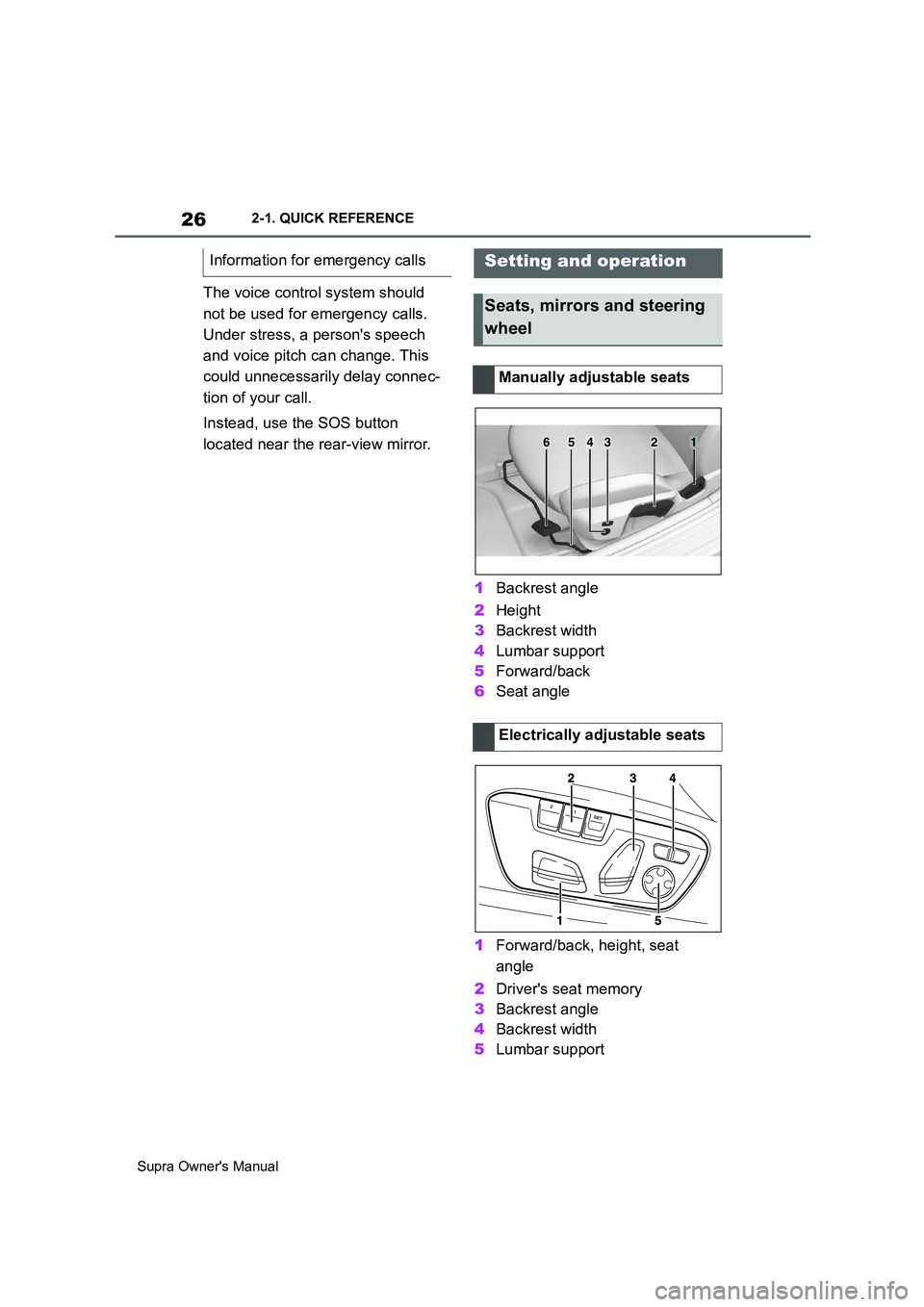 TOYOTA SUPRA 2019 Owners Manual 26
Supra Owners Manual2-1. QUICK REFERENCE
The voice control system should
not be used for emergency calls.
Under stress, a persons speech
and voice pitch can change. This
could unnecessarily de TOYOTA SUPRA 2019 Owners Manual 26
Supra Owners Manual2-1. QUICK REFERENCE
The voice control system should
not be used for emergency calls.
Under stress, a persons speech
and voice pitch can change. This
could unnecessarily de