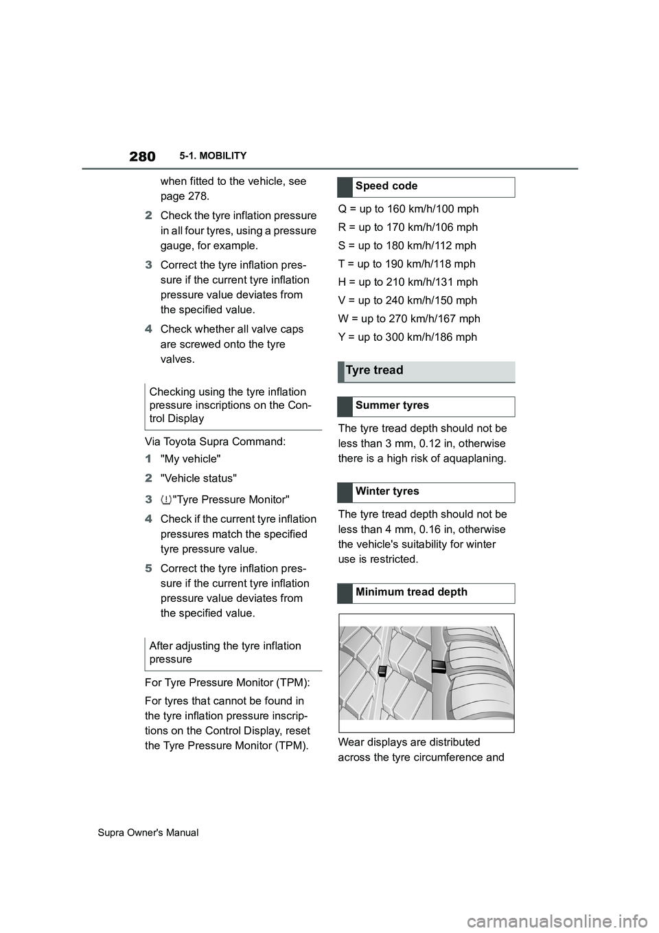 TOYOTA SUPRA 2019 Owners Manual 280
Supra Owners Manual5-1. MOBILITY
when fitted to the vehicle, see
page 278.
2Check the tyre inflation pressure
in all four tyres, using a pressure
gauge, for example.
3Correct the tyre inflatio TOYOTA SUPRA 2019 Owners Manual 280
Supra Owners Manual5-1. MOBILITY
when fitted to the vehicle, see
page 278.
2Check the tyre inflation pressure
in all four tyres, using a pressure
gauge, for example.
3Correct the tyre inflatio