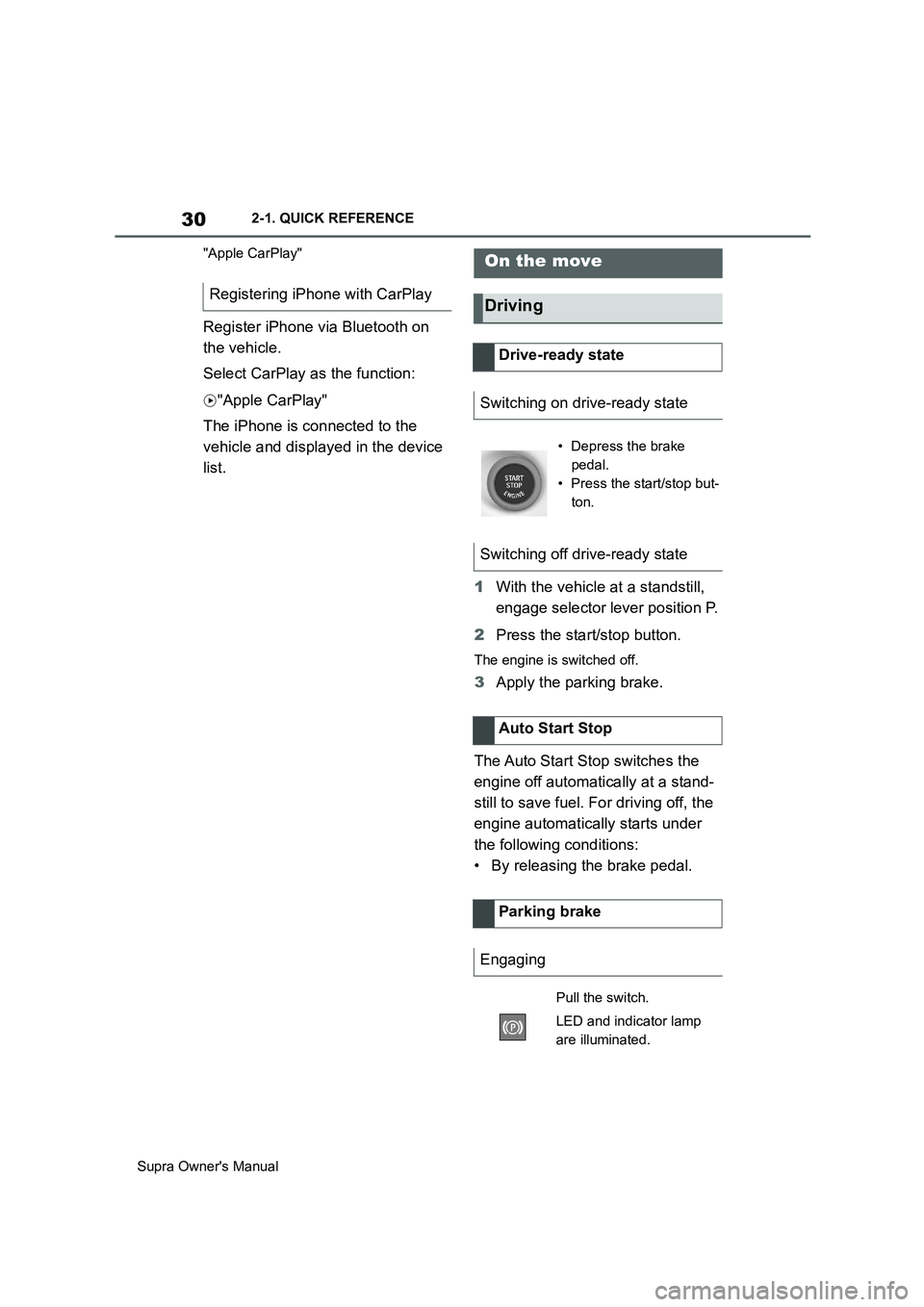 TOYOTA SUPRA 2019 Owners Manual 30
Supra Owners Manual2-1. QUICK REFERENCE
"Apple CarPlay"
Register iPhone via Bluetooth on
the vehicle.
Select CarPlay as the function:
"Apple CarPlay"
The iPhone is connected to the
vehicle and d TOYOTA SUPRA 2019 Owners Manual 30
Supra Owners Manual2-1. QUICK REFERENCE
"Apple CarPlay"
Register iPhone via Bluetooth on
the vehicle.
Select CarPlay as the function:
"Apple CarPlay"
The iPhone is connected to the
vehicle and d