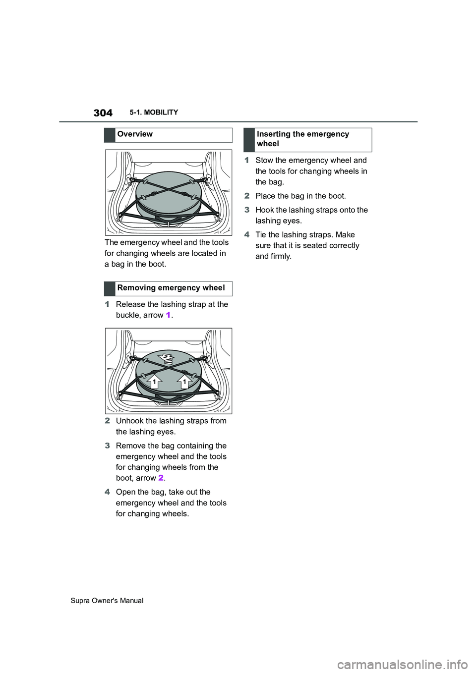 TOYOTA SUPRA 2019 Owners Manual 304
Supra Owners Manual5-1. MOBILITY
The emergency wheel and the tools
for changing wheels are located in
a bag in the boot.
1Release the lashing strap at the
buckle, arrow 1.
2Unhook the lashing TOYOTA SUPRA 2019 Owners Manual 304
Supra Owners Manual5-1. MOBILITY
The emergency wheel and the tools
for changing wheels are located in
a bag in the boot.
1Release the lashing strap at the
buckle, arrow 1.
2Unhook the lashing