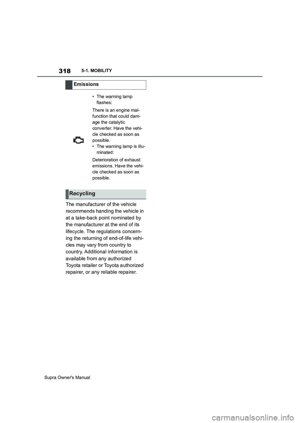 TOYOTA SUPRA 2019 Owners Manual 318
Supra Owners Manual5-1. MOBILITY
The manufacturer of the vehicle
recommends handing the vehicle in
at a take-back point nominated by
the manufacturer at the end of its
lifecycle. The regulati TOYOTA SUPRA 2019 Owners Manual 318
Supra Owners Manual5-1. MOBILITY
The manufacturer of the vehicle
recommends handing the vehicle in
at a take-back point nominated by
the manufacturer at the end of its
lifecycle. The regulati