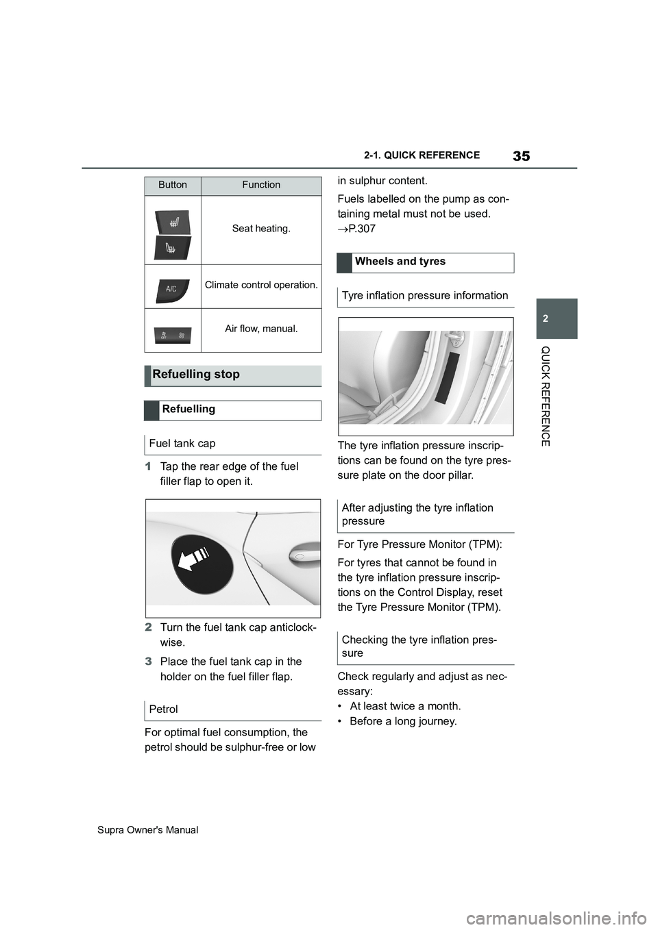 TOYOTA SUPRA 2019 Owners Guide 35
2
Supra Owners Manual2-1. QUICK REFERENCE
QUICK REFERENCE
1Tap the rear edge of the fuel
filler flap to open it.
2Turn the fuel tank cap anticlock-
wise.
3Place the fuel tank cap in the
holder o TOYOTA SUPRA 2019 Owners Guide 35
2
Supra Owners Manual2-1. QUICK REFERENCE
QUICK REFERENCE
1Tap the rear edge of the fuel
filler flap to open it.
2Turn the fuel tank cap anticlock-
wise.
3Place the fuel tank cap in the
holder o