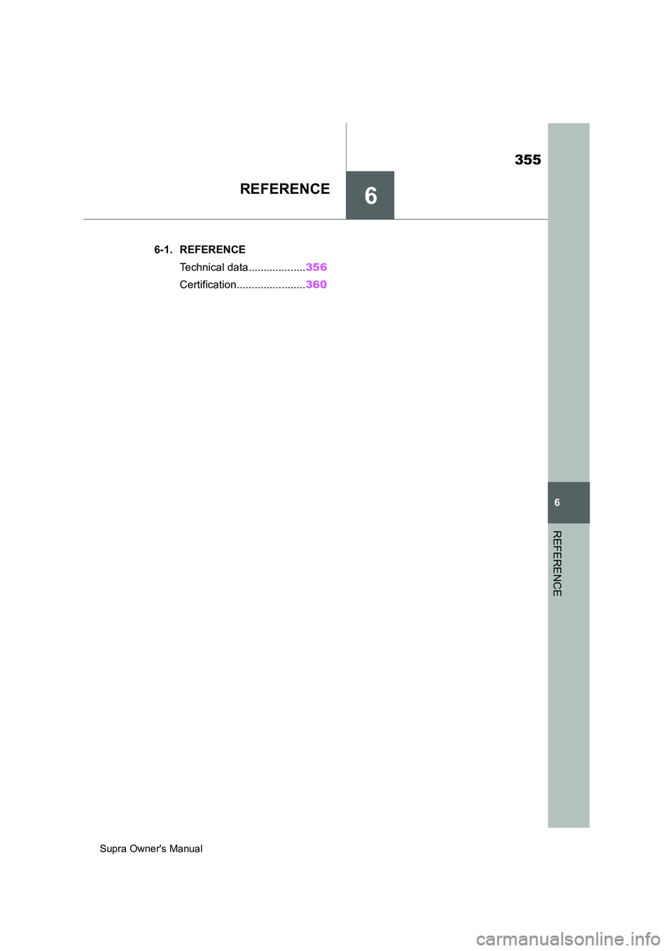TOYOTA SUPRA 2019  Owners Manual 6
355
Supra Owners Manual
6
REFERENCE
REFERENCE
.6-1. REFERENCE
Technical data...................356
Certification.......................360 
